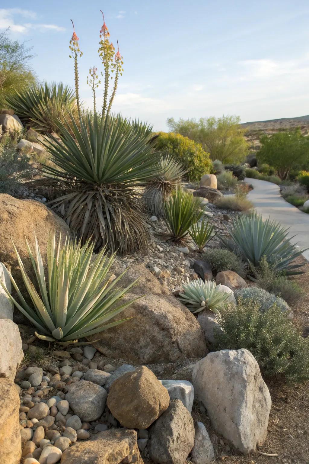 Agave and yucca add resilience and beauty to this xeriscape.