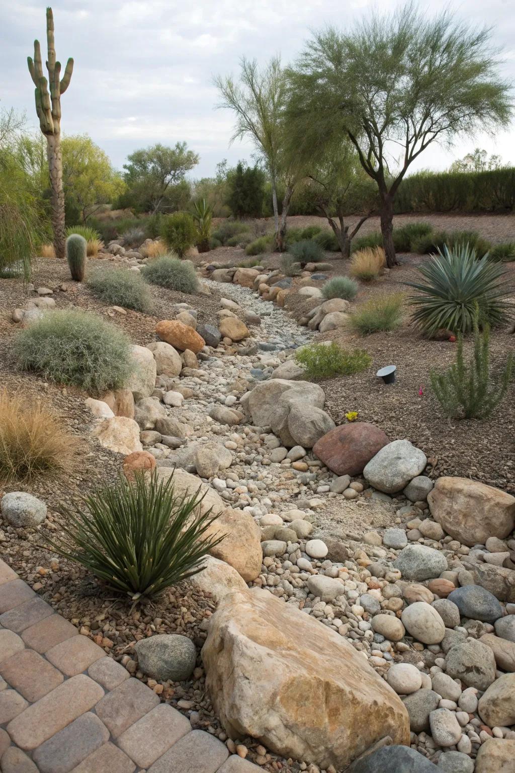 A dry riverbed adds a natural and functional feature to this garden.