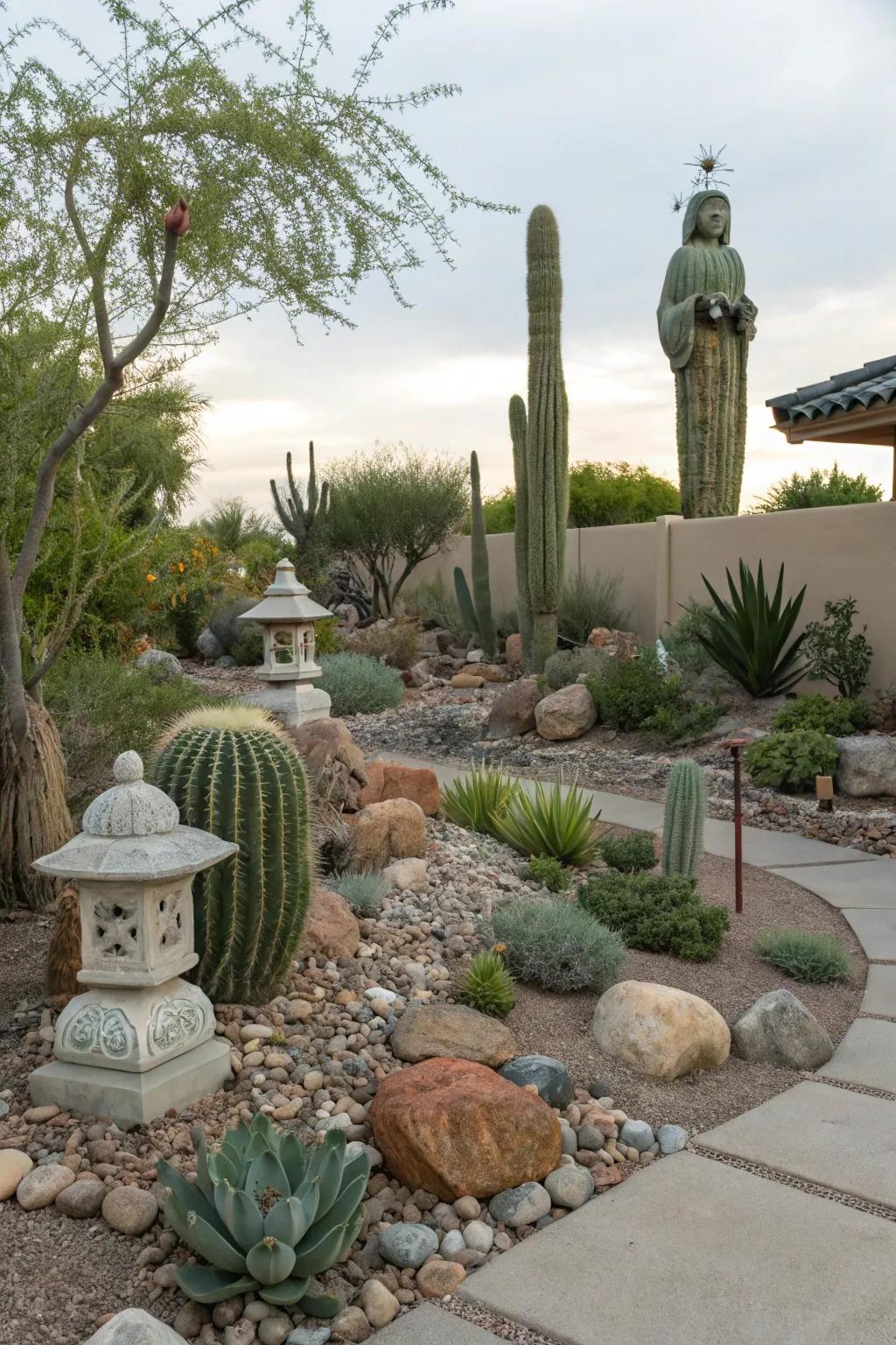 Unique stones and sculptures add artistic flair to this garden.