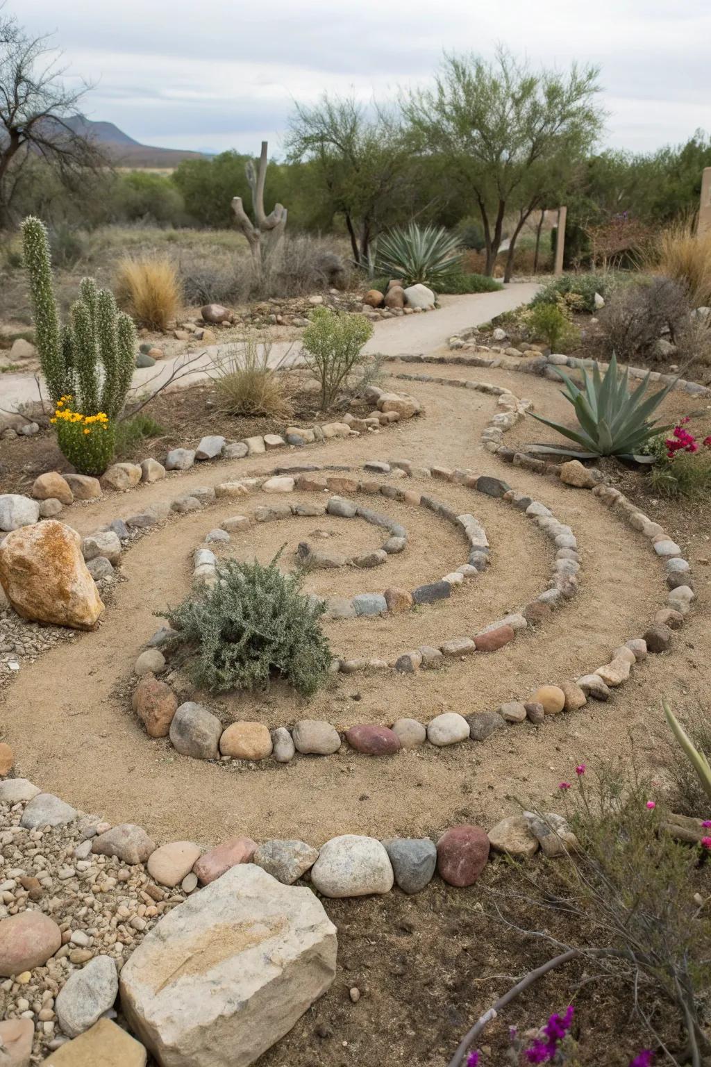 Unexpected rock arrangements add whimsy to this xeriscape.
