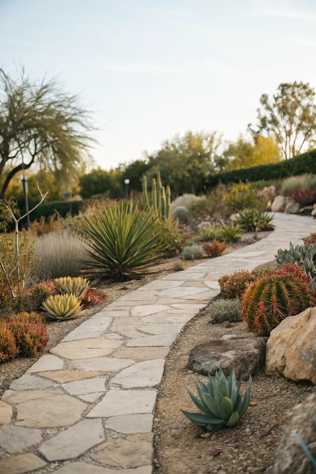 A stone pathway adds charm and functionality to this xeriscape garden.
