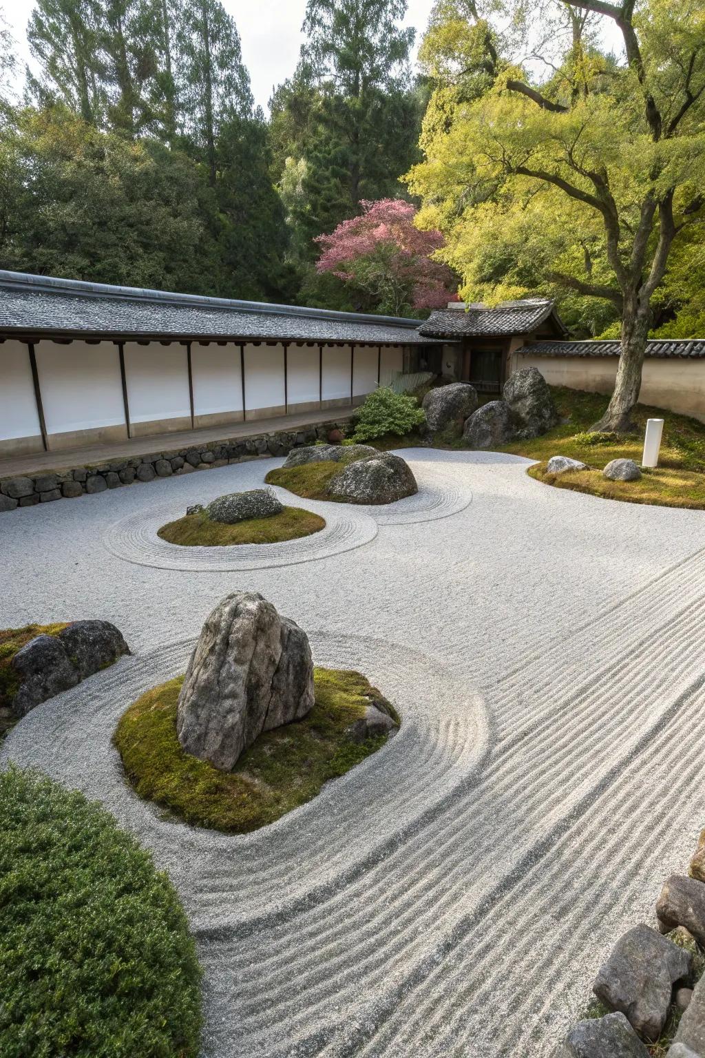 A zen garden adds a touch of tranquility to this xeriscape.