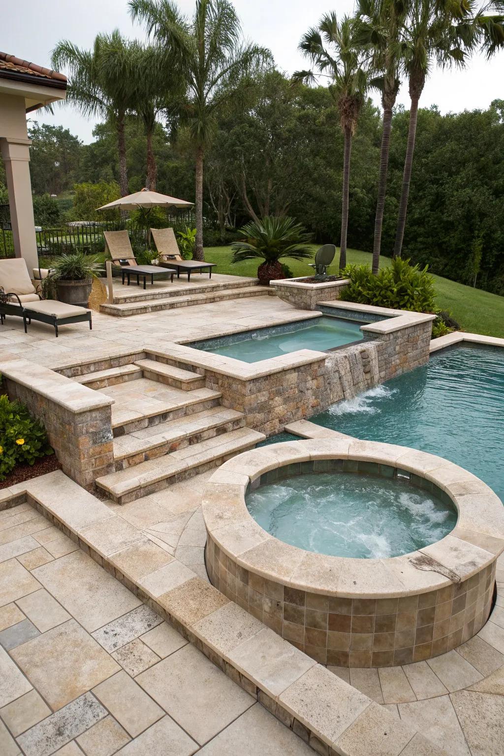 A multi-level design adds depth and interest to this pool and hot tub area.