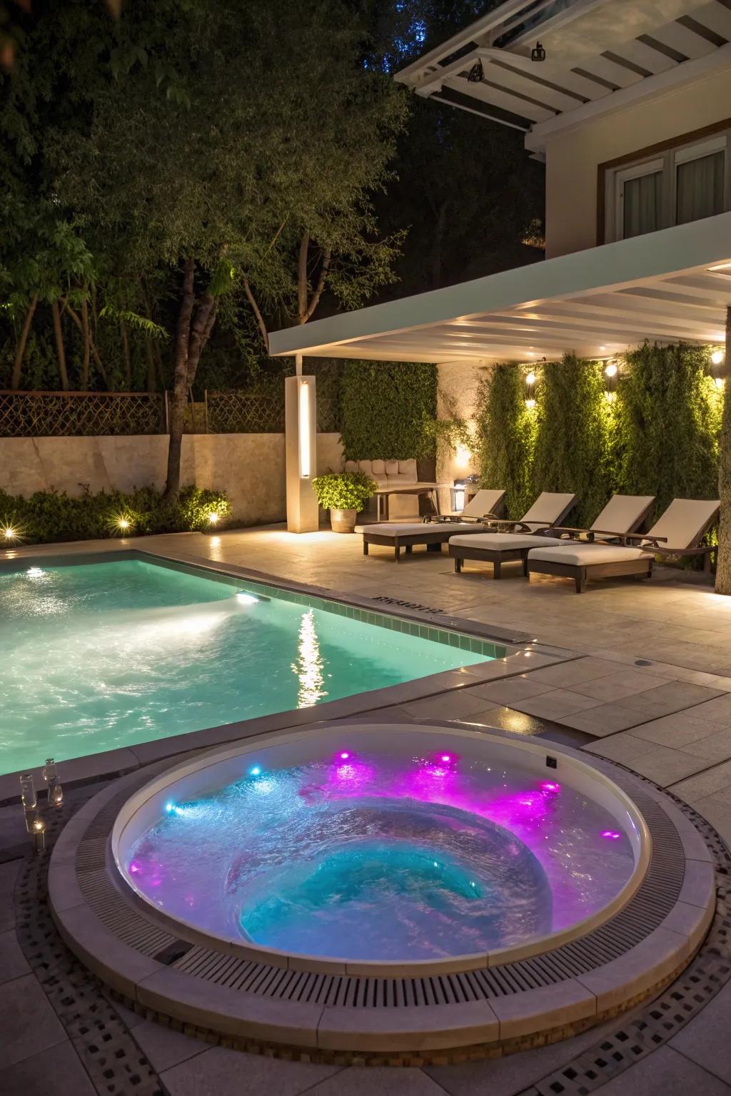 Innovative lighting transforms this pool and hot tub area into a nighttime retreat.
