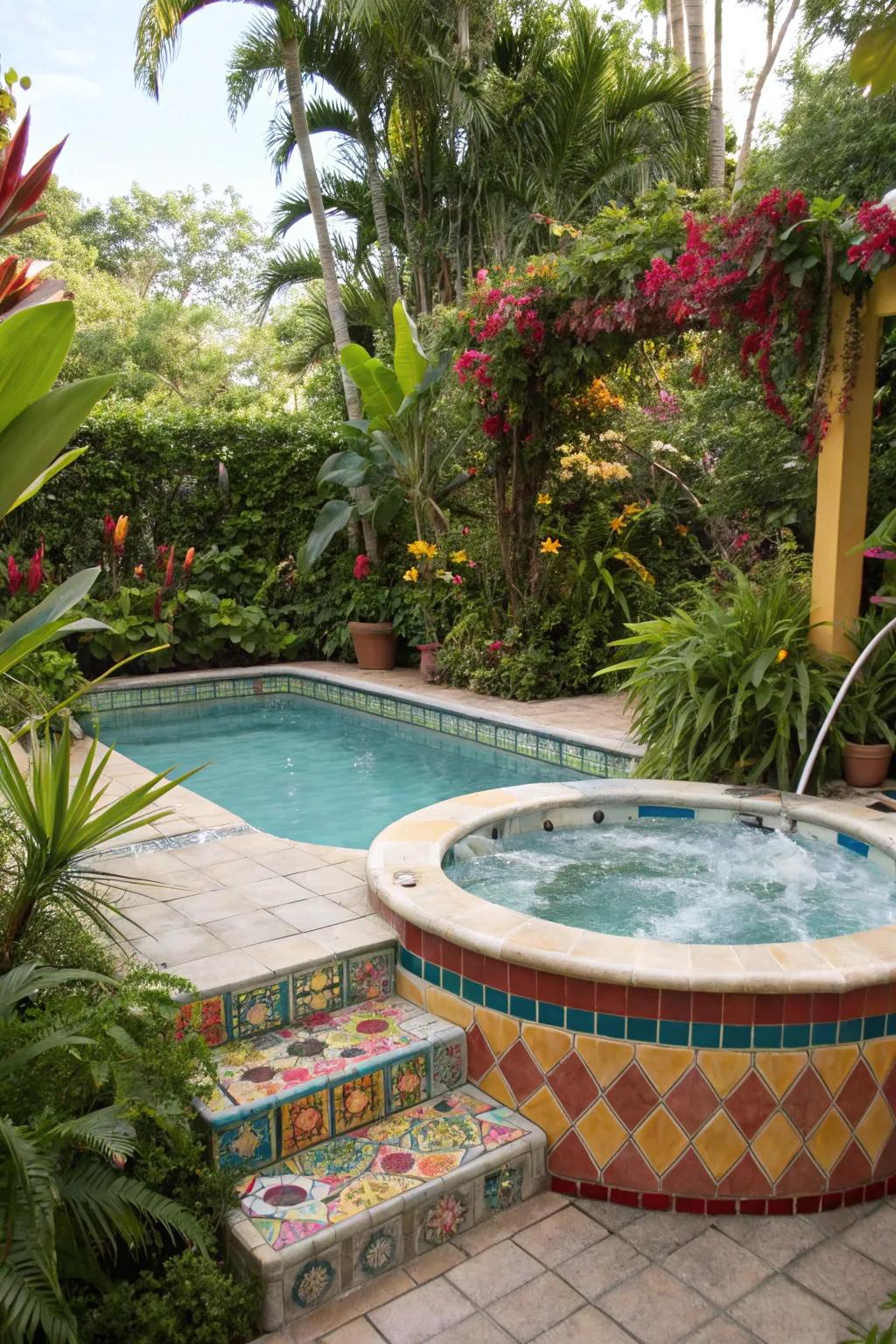 A tropical paradise with vibrant plants and colorful tiles around the pool and hot tub.