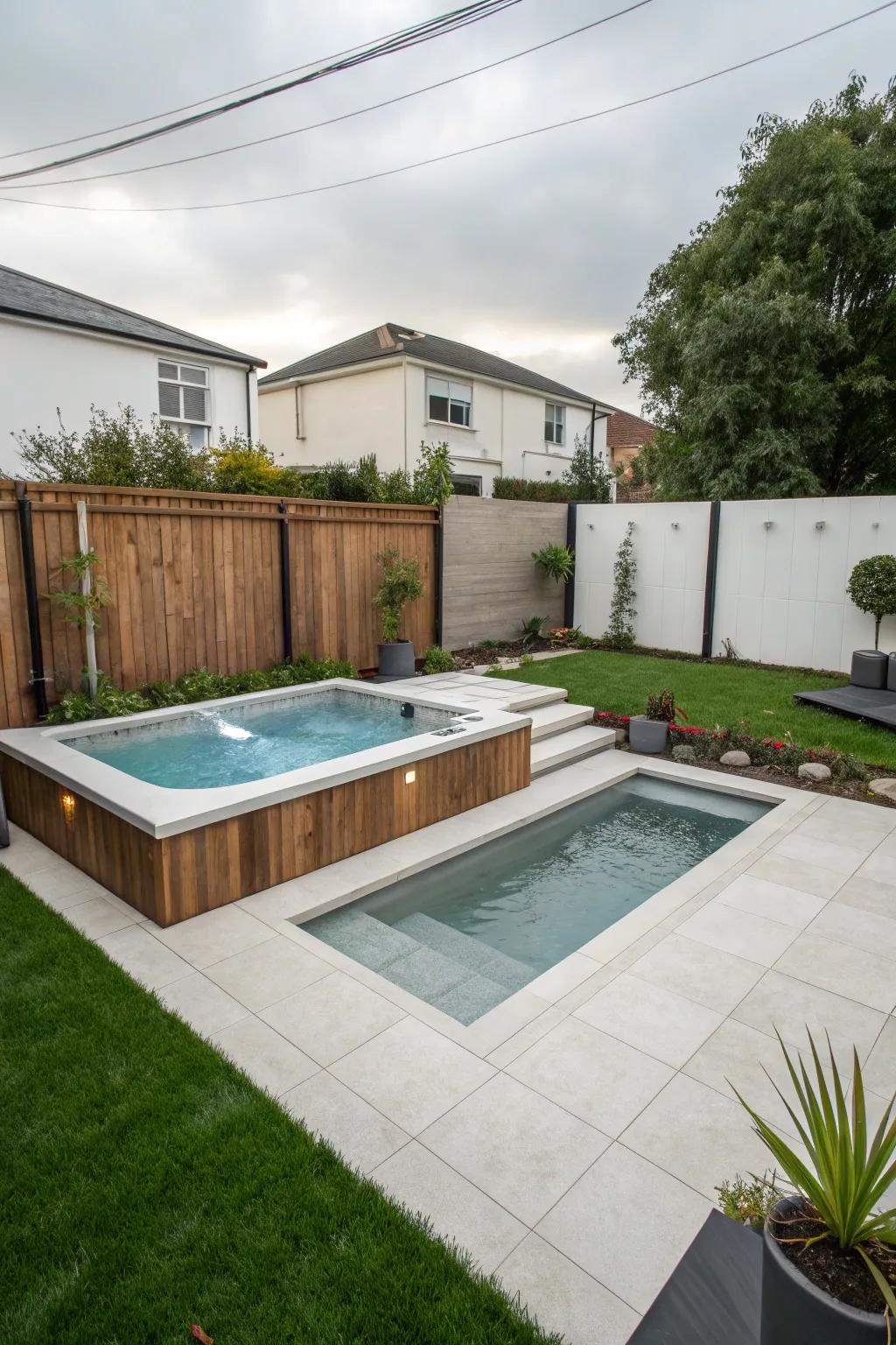 A compact pool and hot tub design that makes the most of a small backyard space.