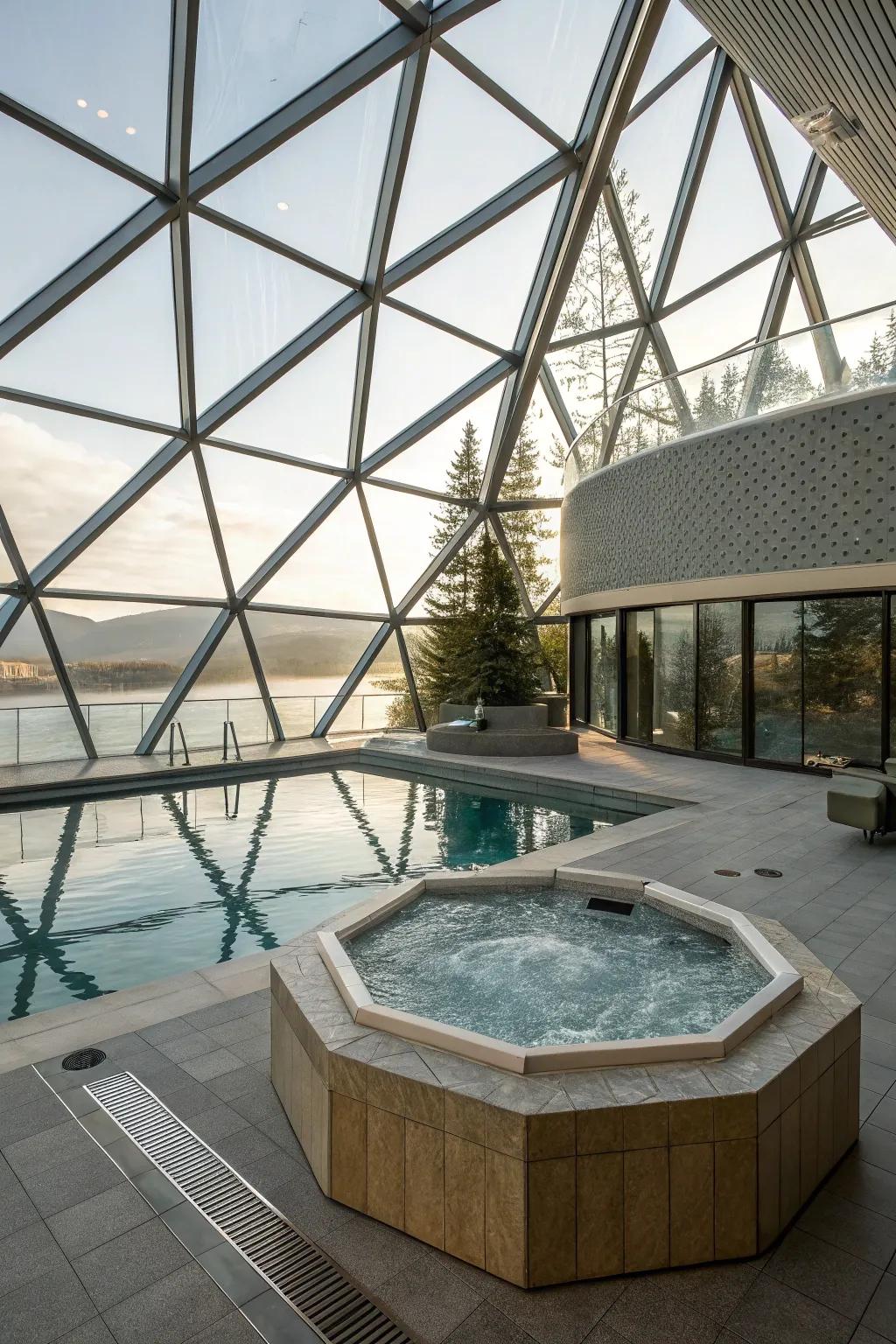 Contemporary geometric shapes give this pool and hot tub a striking visual appeal.