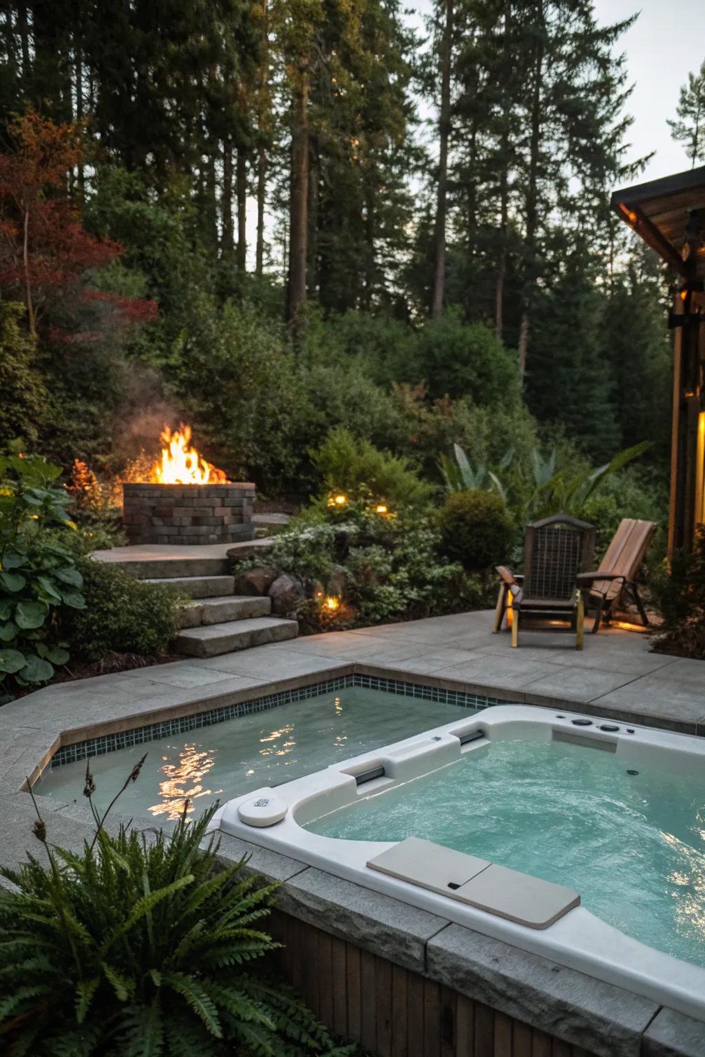 A cozy fire pit complements the pool and hot tub, perfect for evening relaxation.