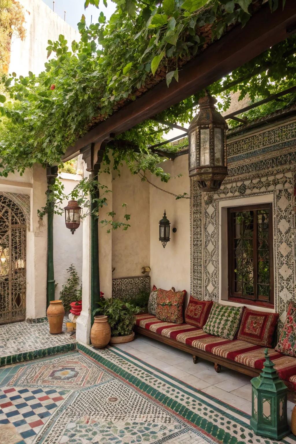 A pergola or canopy offers shade and frames the patio in lush greenery.