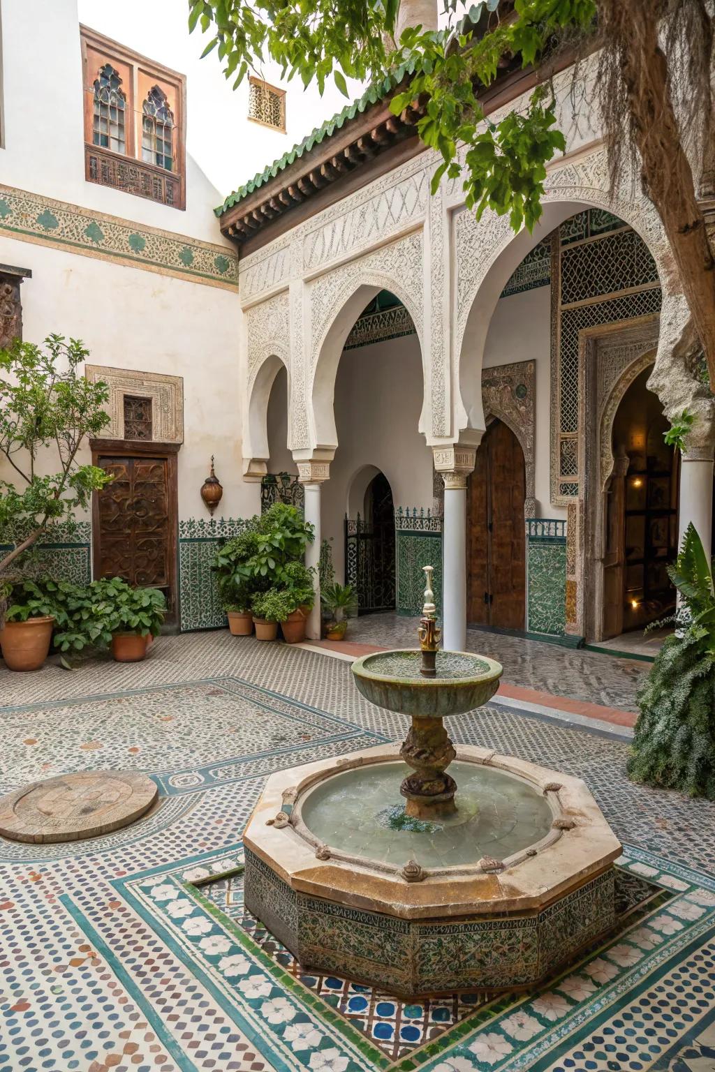 A small fountain adds a tranquil and dynamic element to the Moroccan patio.