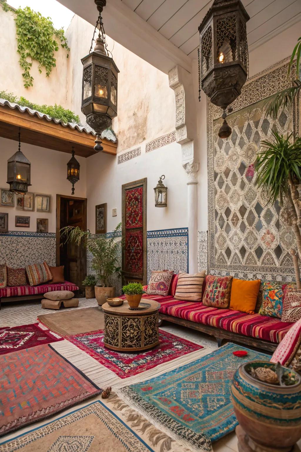 Mixing patterns adds vibrancy and eclectic charm to your Moroccan patio.
