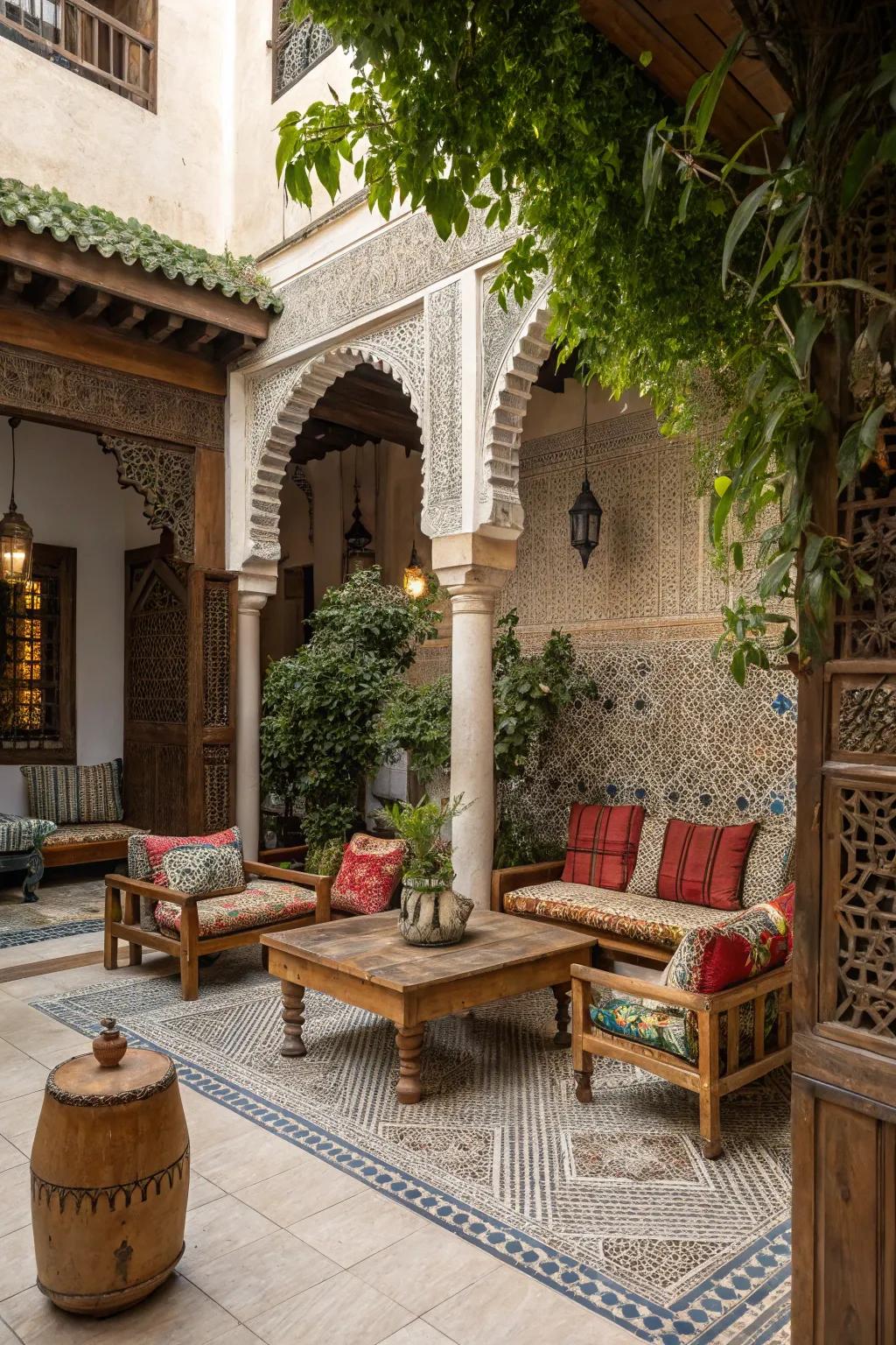 Natural materials like wood and stone add earthy tones to the vibrant Moroccan decor.