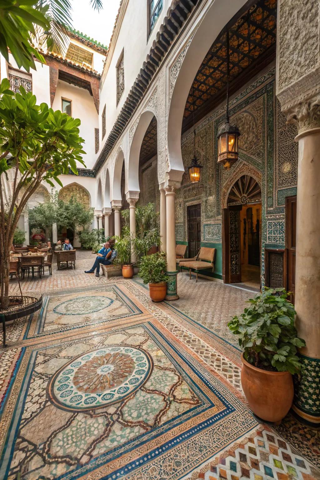 Mosaic tiles add a layer of artistic beauty to your Moroccan-inspired patio.