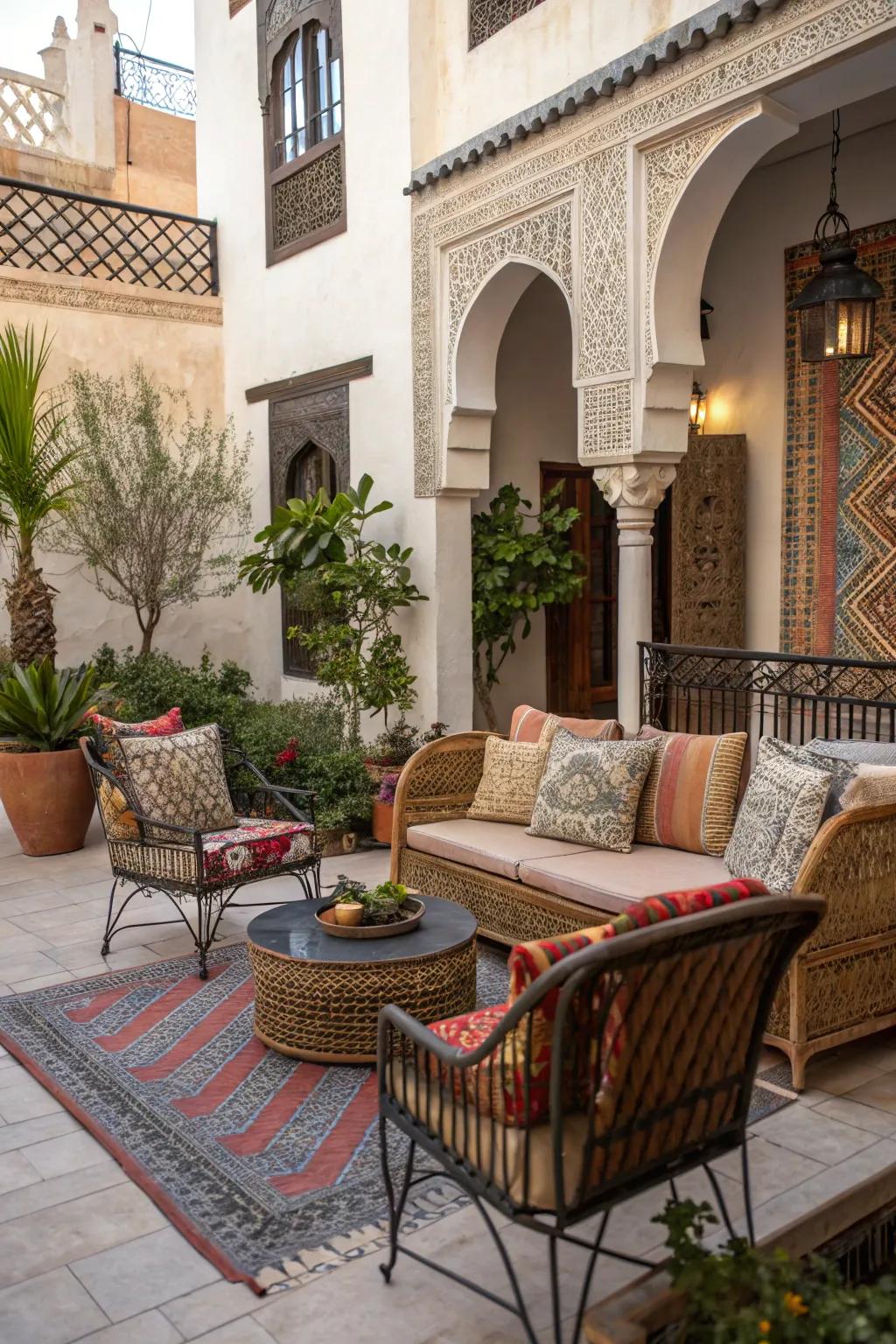 Mixed material furniture adds interest and variety to patio decor.