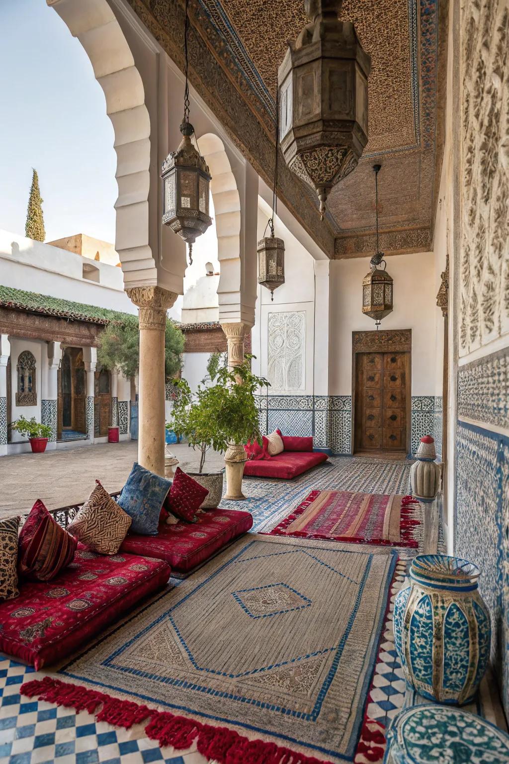 Layered textiles in bold colors create an inviting and warm Moroccan atmosphere.