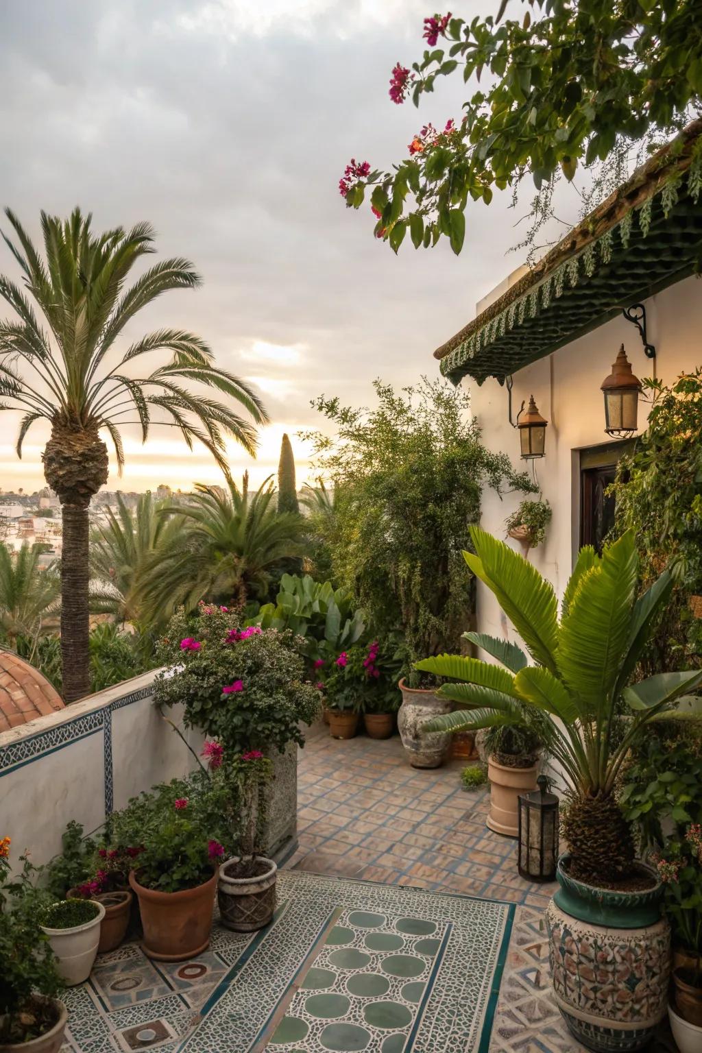 Lush greenery enhances the exotic feel and vitality of a Moroccan patio.