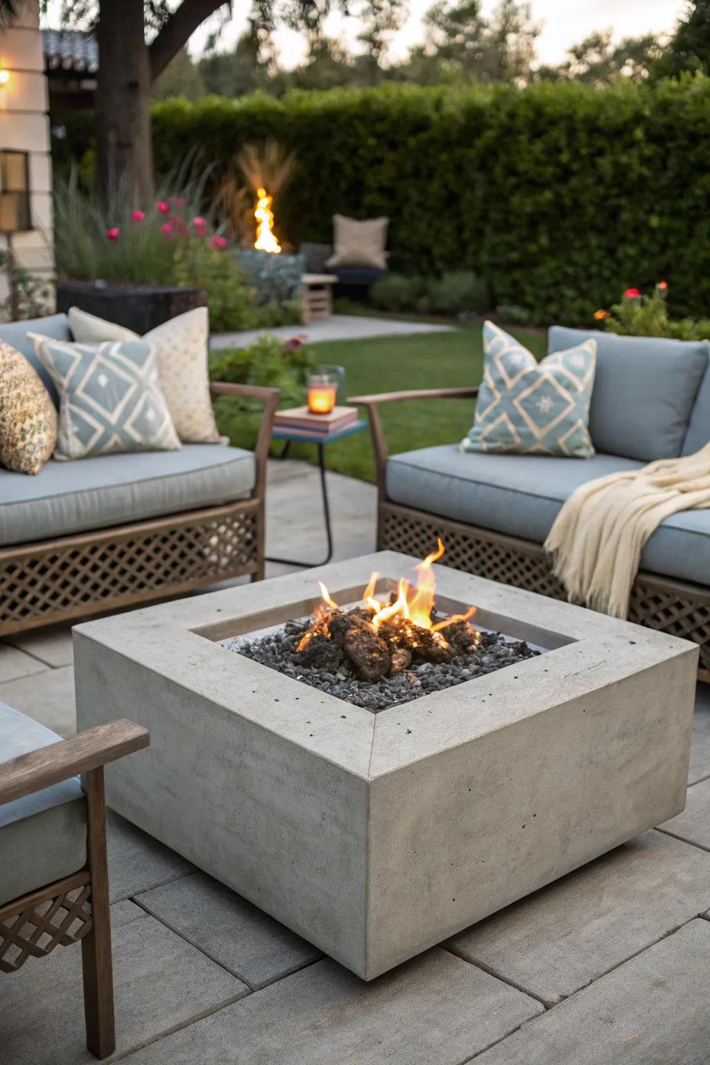 Modern elegance with a square concrete fire table.