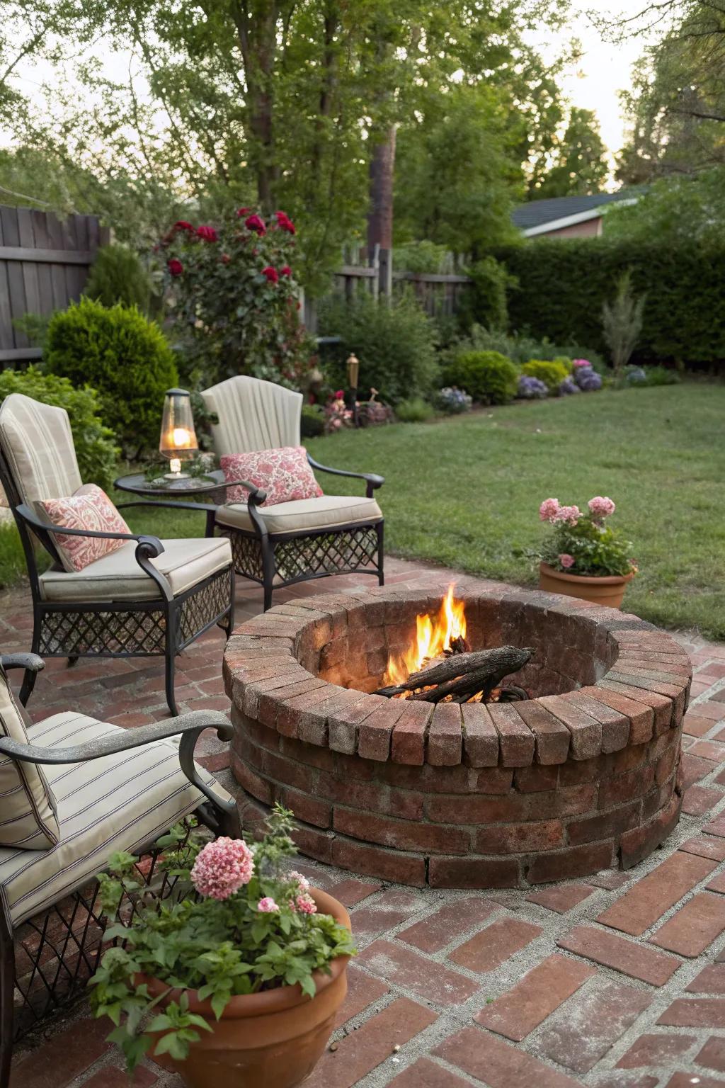 Embrace warmth with a rustic brick fire pit.