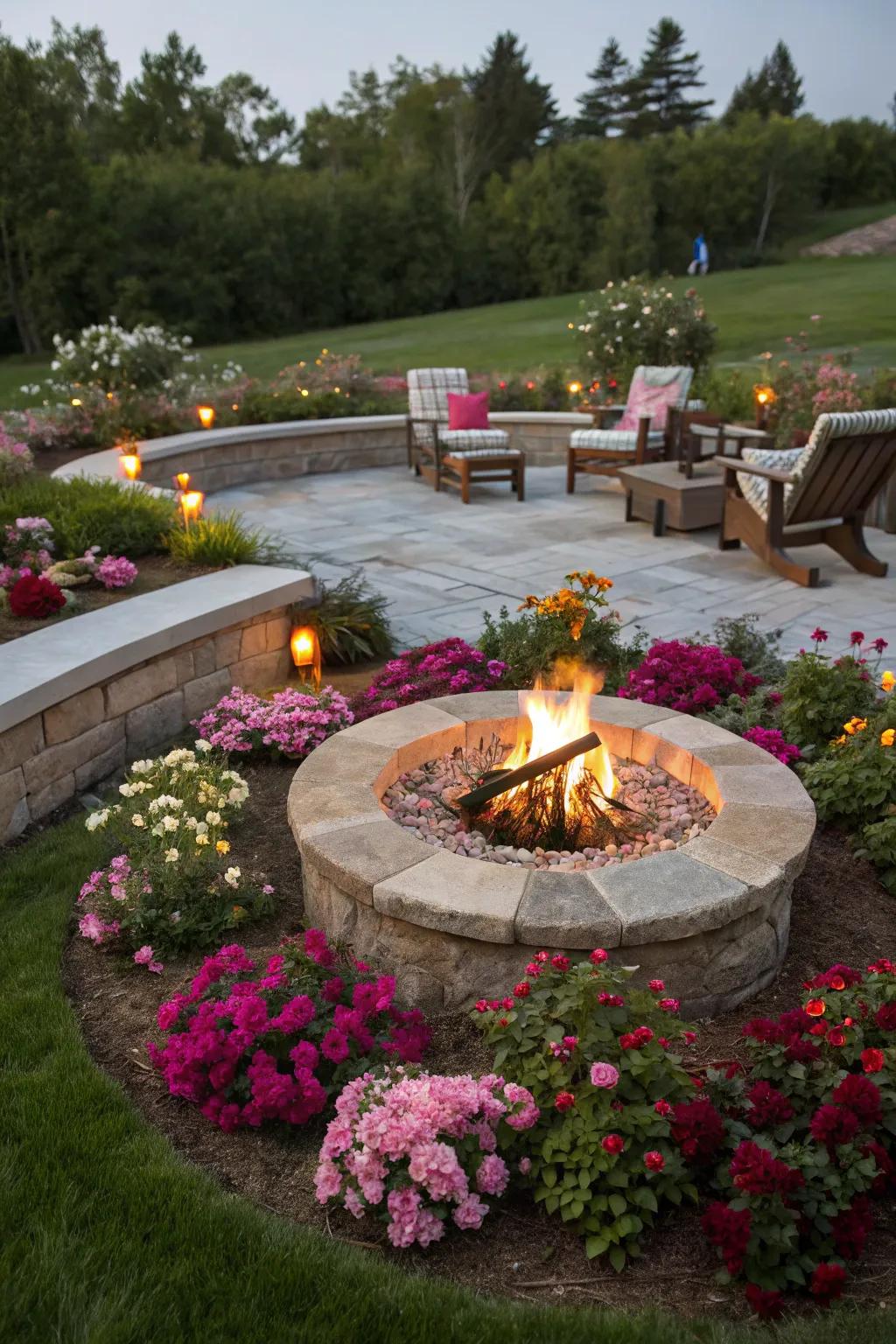 Find tranquility with a garden-surrounded fire pit.