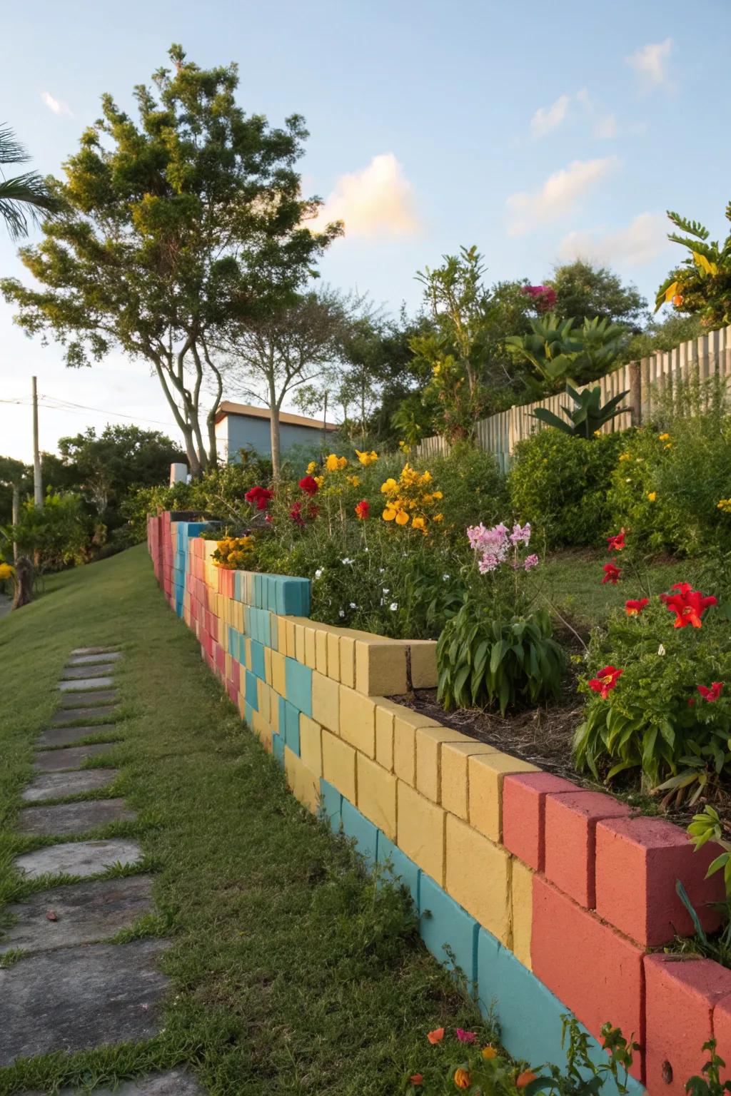 Cinder blocks offer a versatile and colorful retaining wall solution.