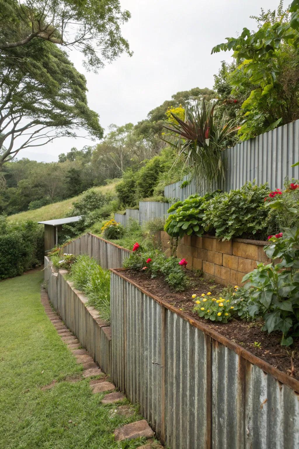 Corrugated metal offers a modern-industrial aesthetic for retaining walls.