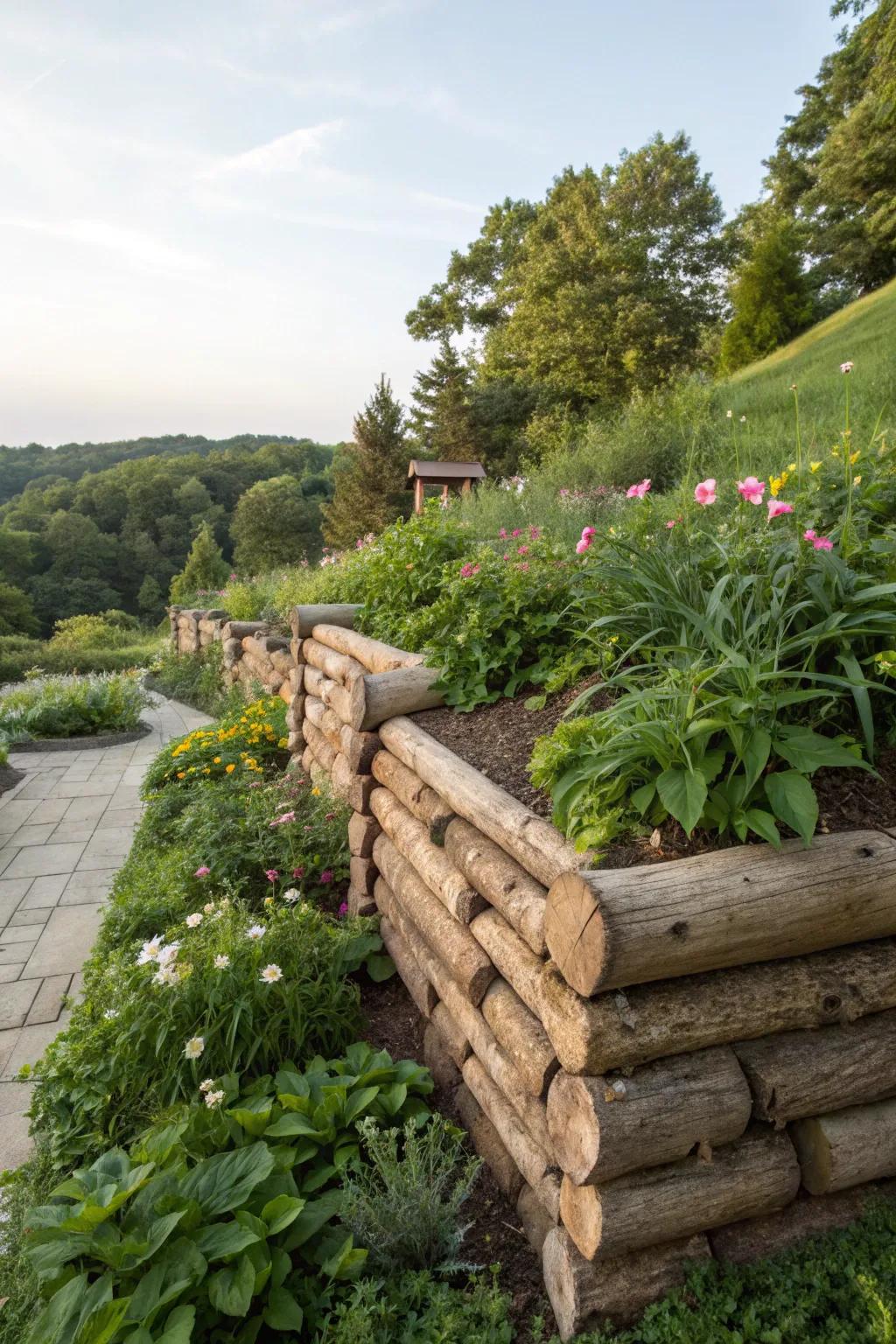 Log retaining walls offer a seamless and natural garden integration.