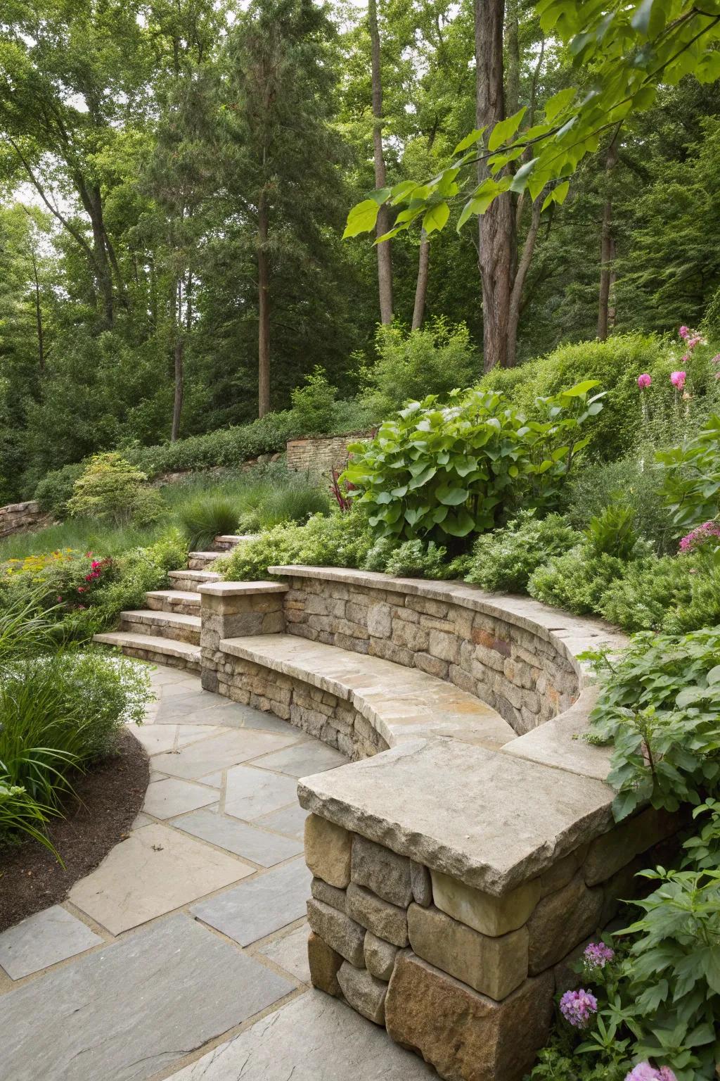 Multi-functional retaining walls with seating are perfect for relaxation.