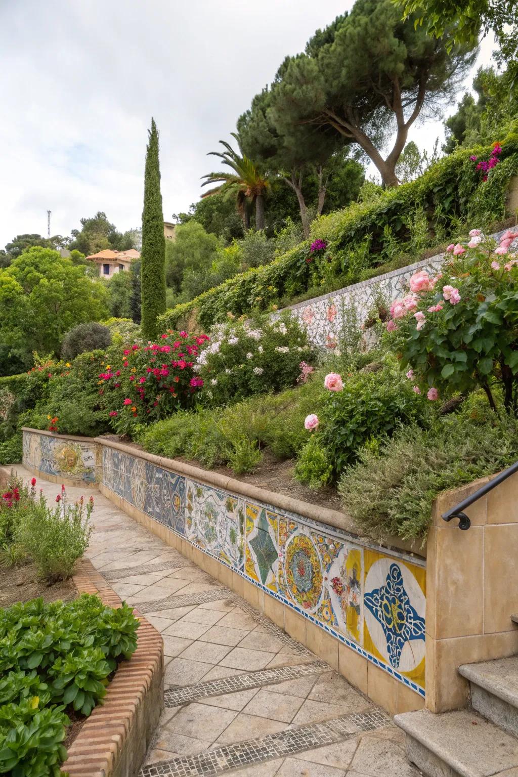 Colorful tiles turn retaining walls into garden focal points.