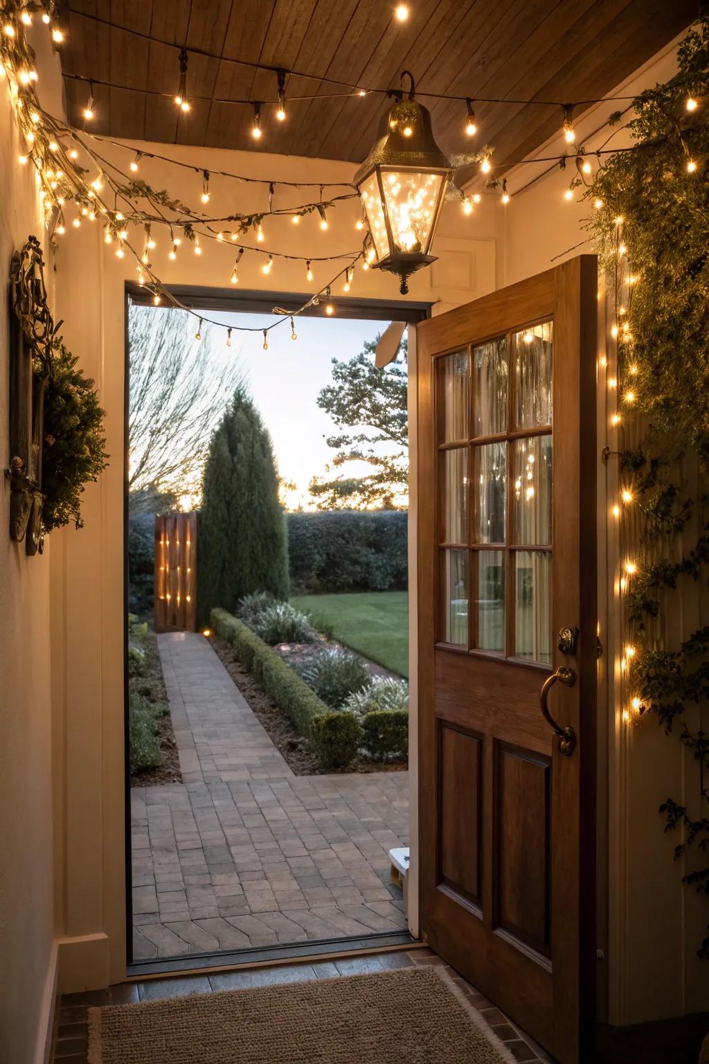 Lighting transforms your back door into a warm, inviting space.