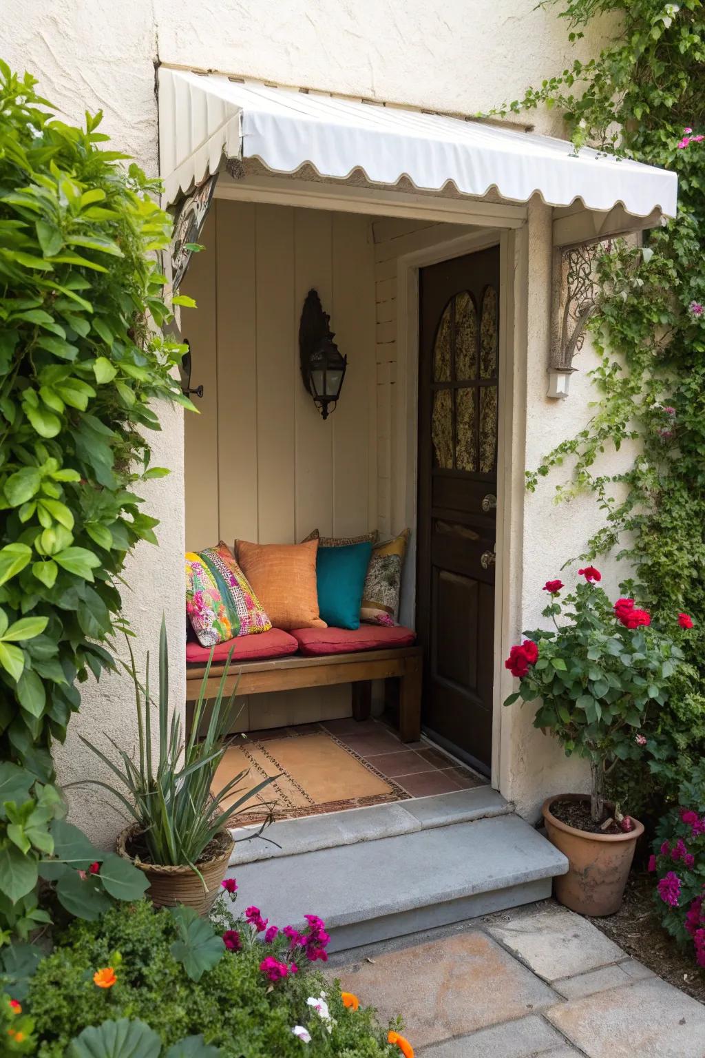 A bench offers a cozy spot to pause and enjoy the view.