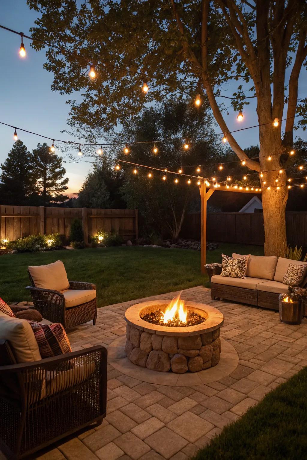 A fire pit creates a warm and inviting outdoor space.