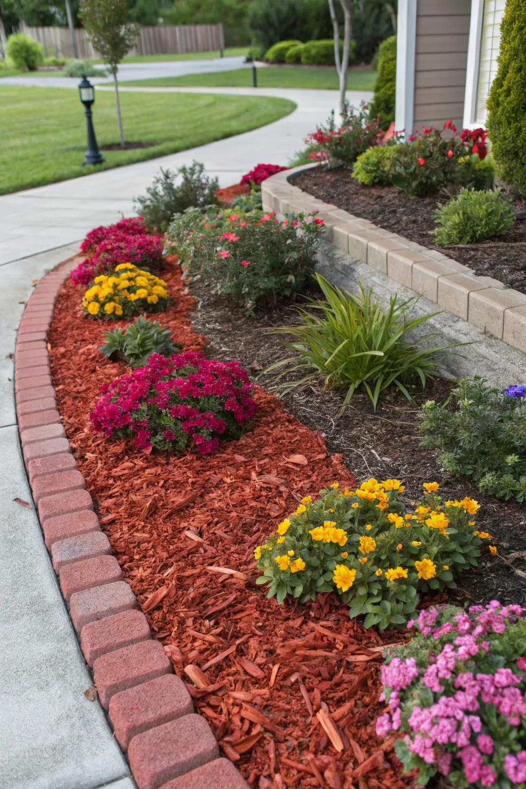 Colorful mulch adds a playful touch to garden beds.