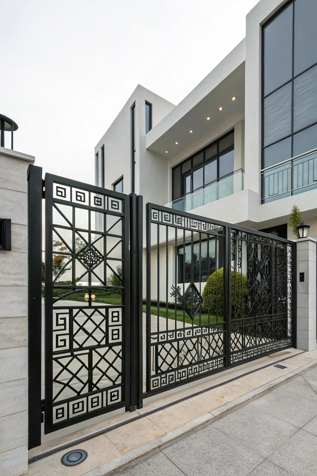An iron driveway gate with geometric patterns, adding a modern twist to the classic design.