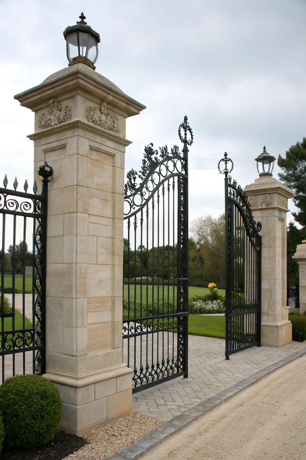 An iron driveway gate majestically supported by stone pillars, creating a grand entrance.