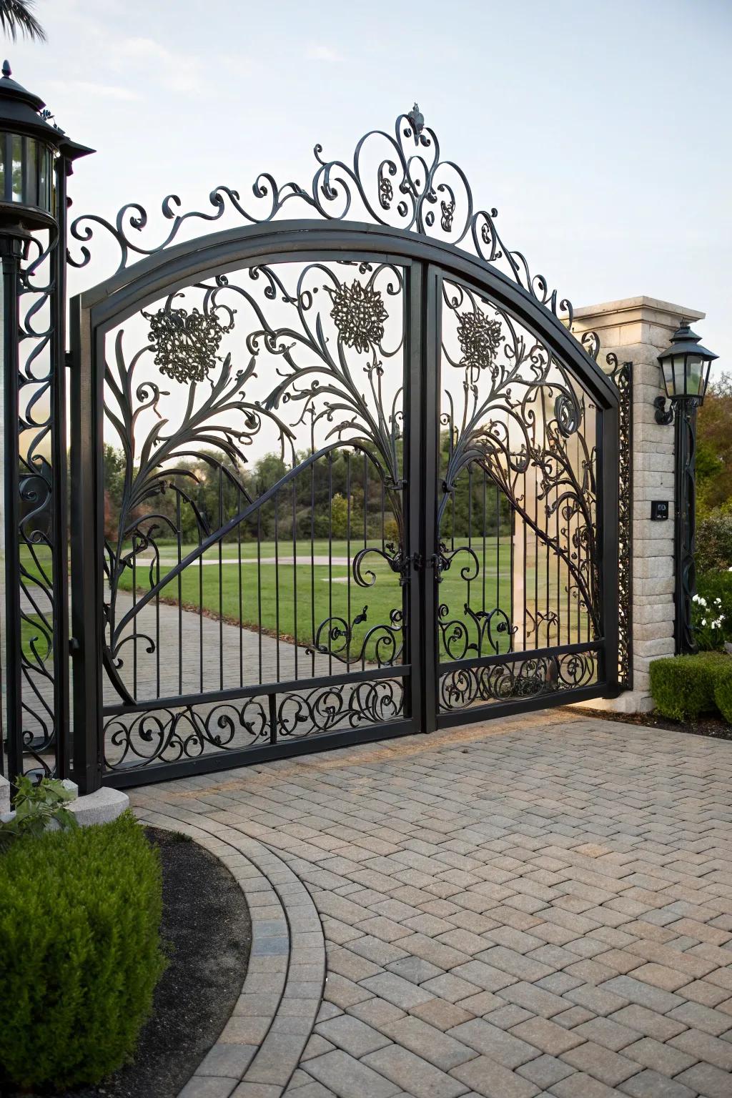 An iron driveway gate that stands as a piece of art, offering a bold and unique entrance.