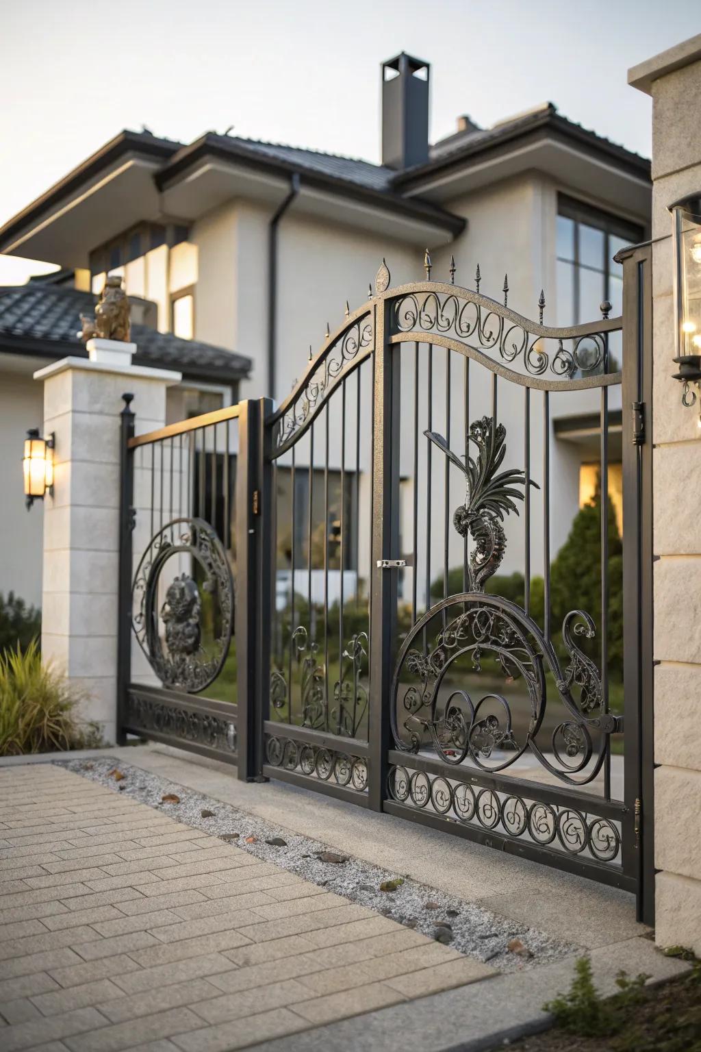 An iron driveway gate featuring sculptural elements, creating a bold and artistic entrance.