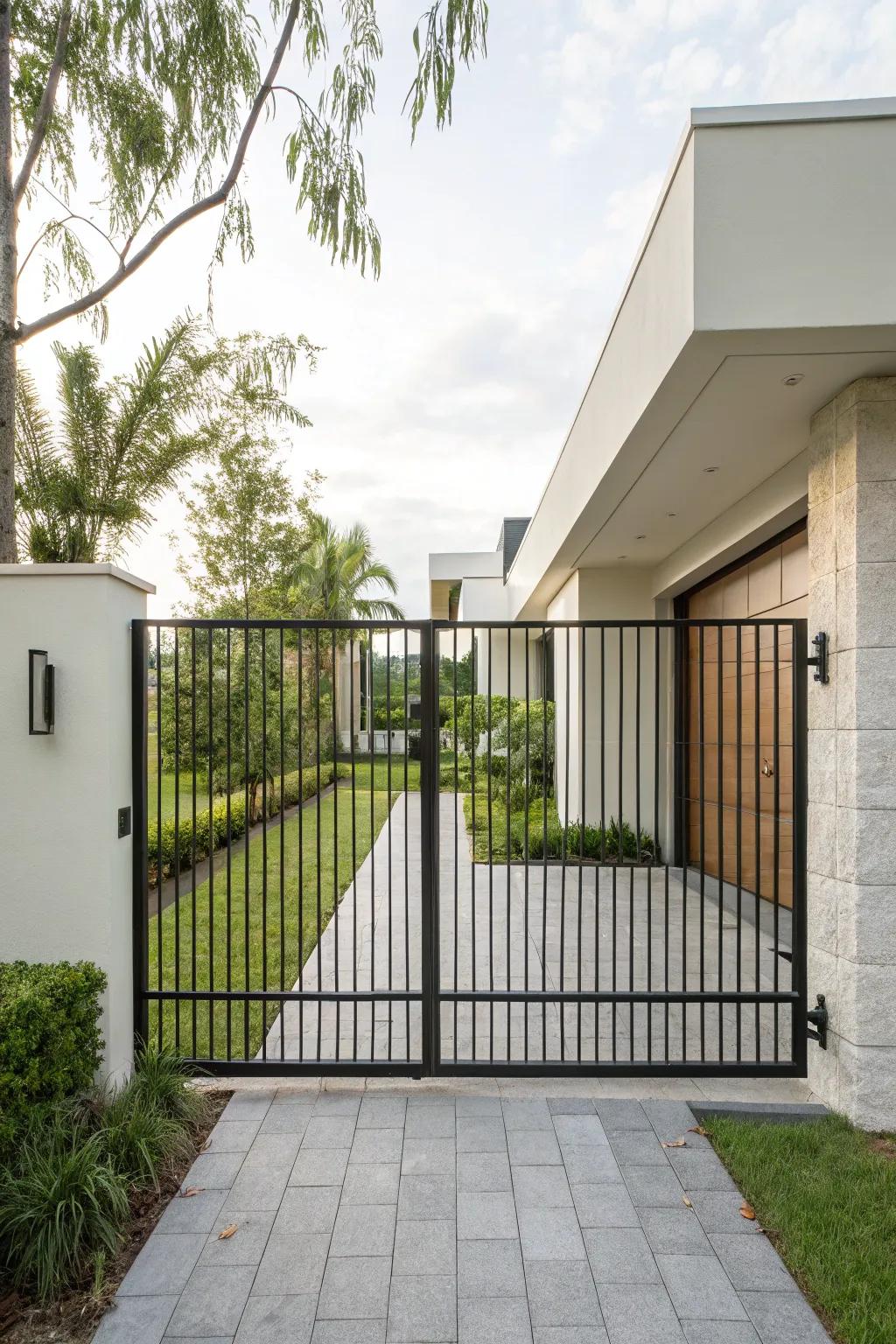 A minimalist iron driveway gate offering a modern touch with its clean, straight lines.