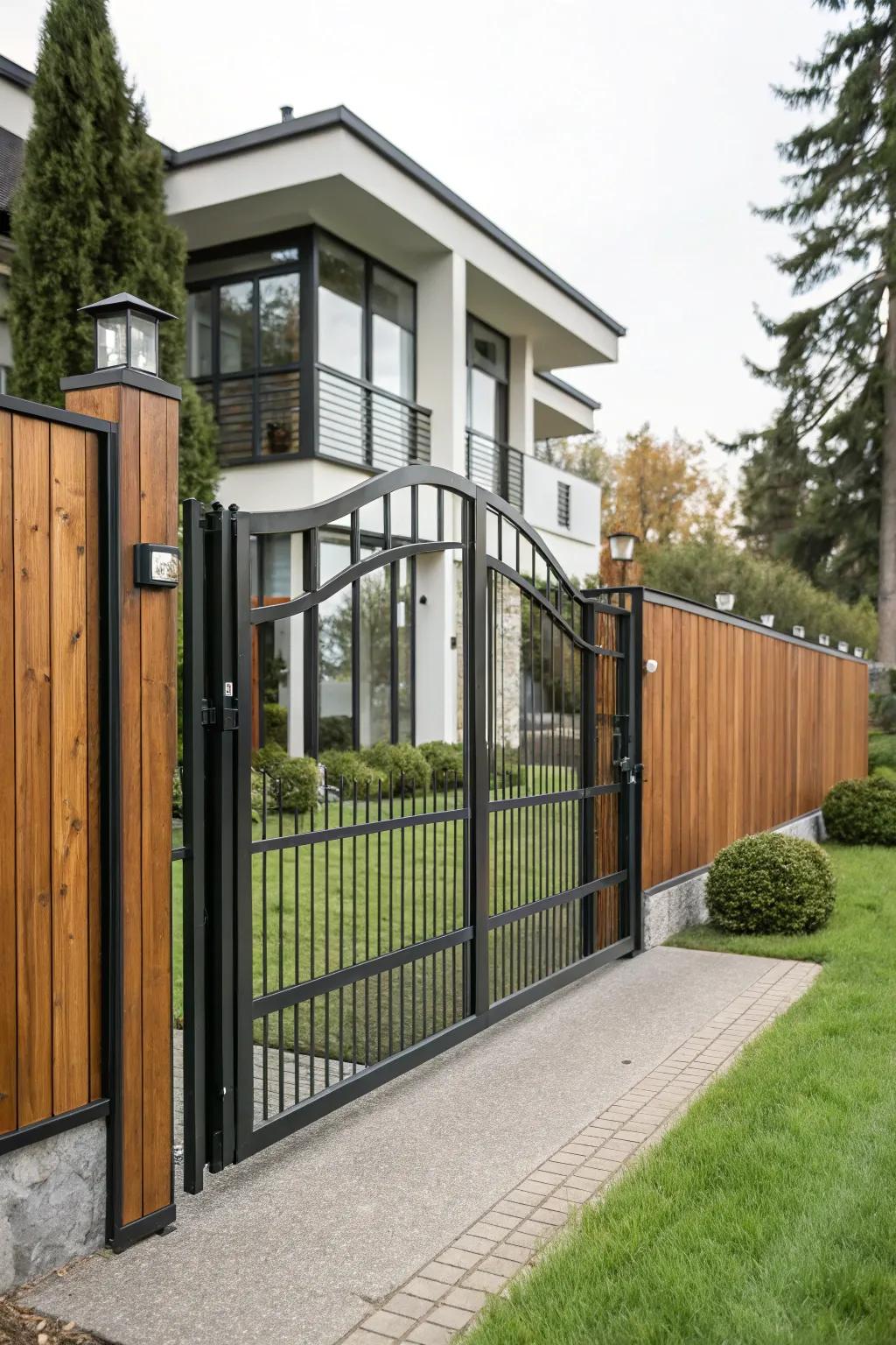 An iron driveway gate with a mix of materials, offering a stunning contrast and modern appeal.