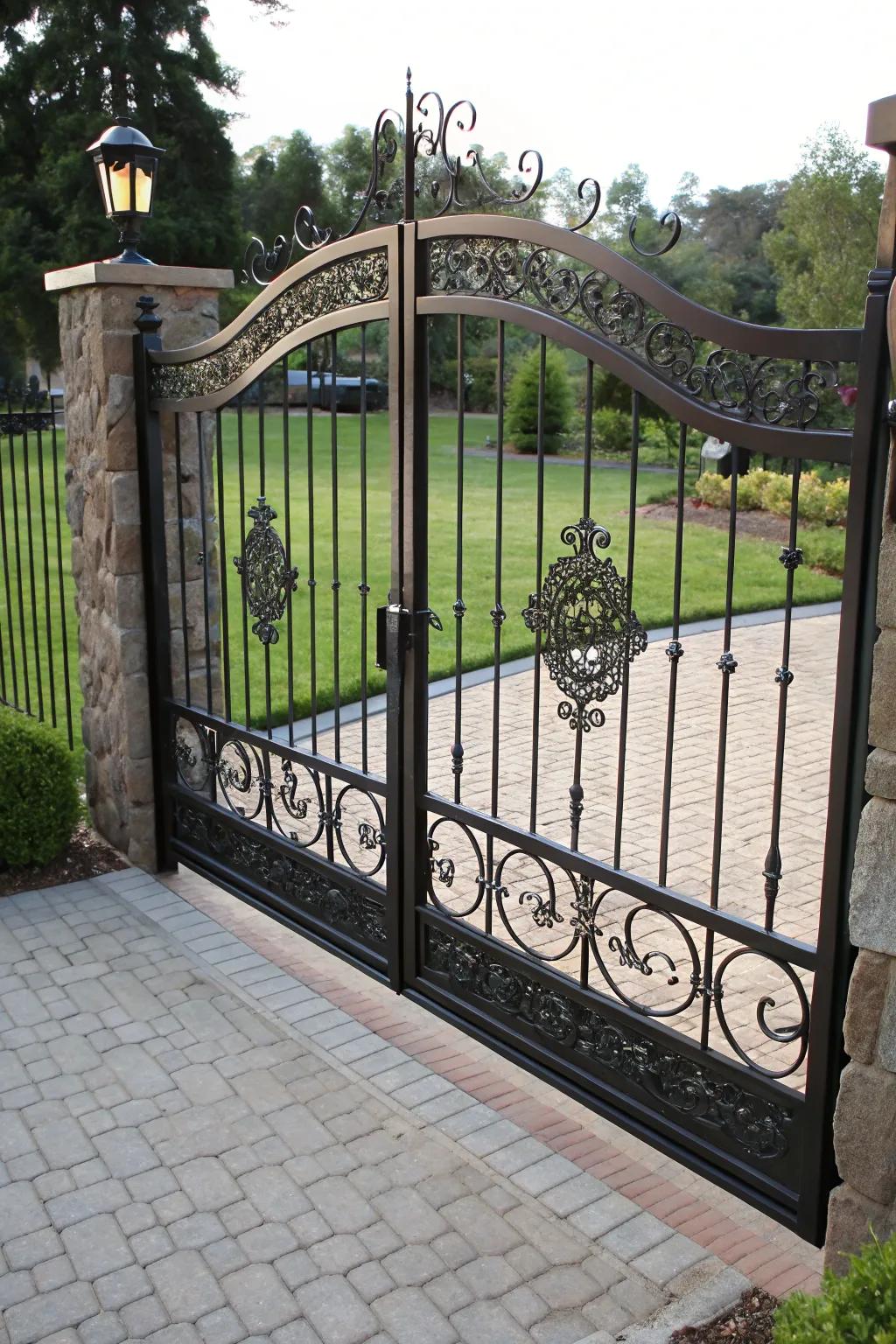 An iron driveway gate with customizable panels, offering a personalized flair to the entrance.