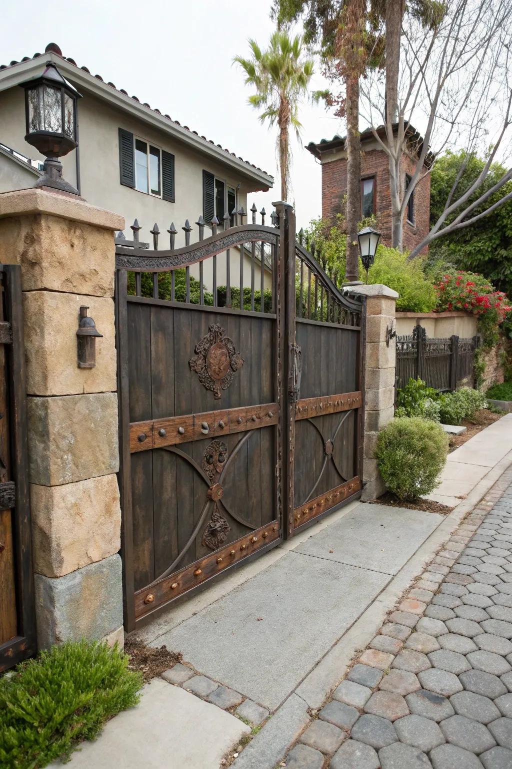 An industrial chic iron driveway gate combining raw materials with sleek design for a modern look.