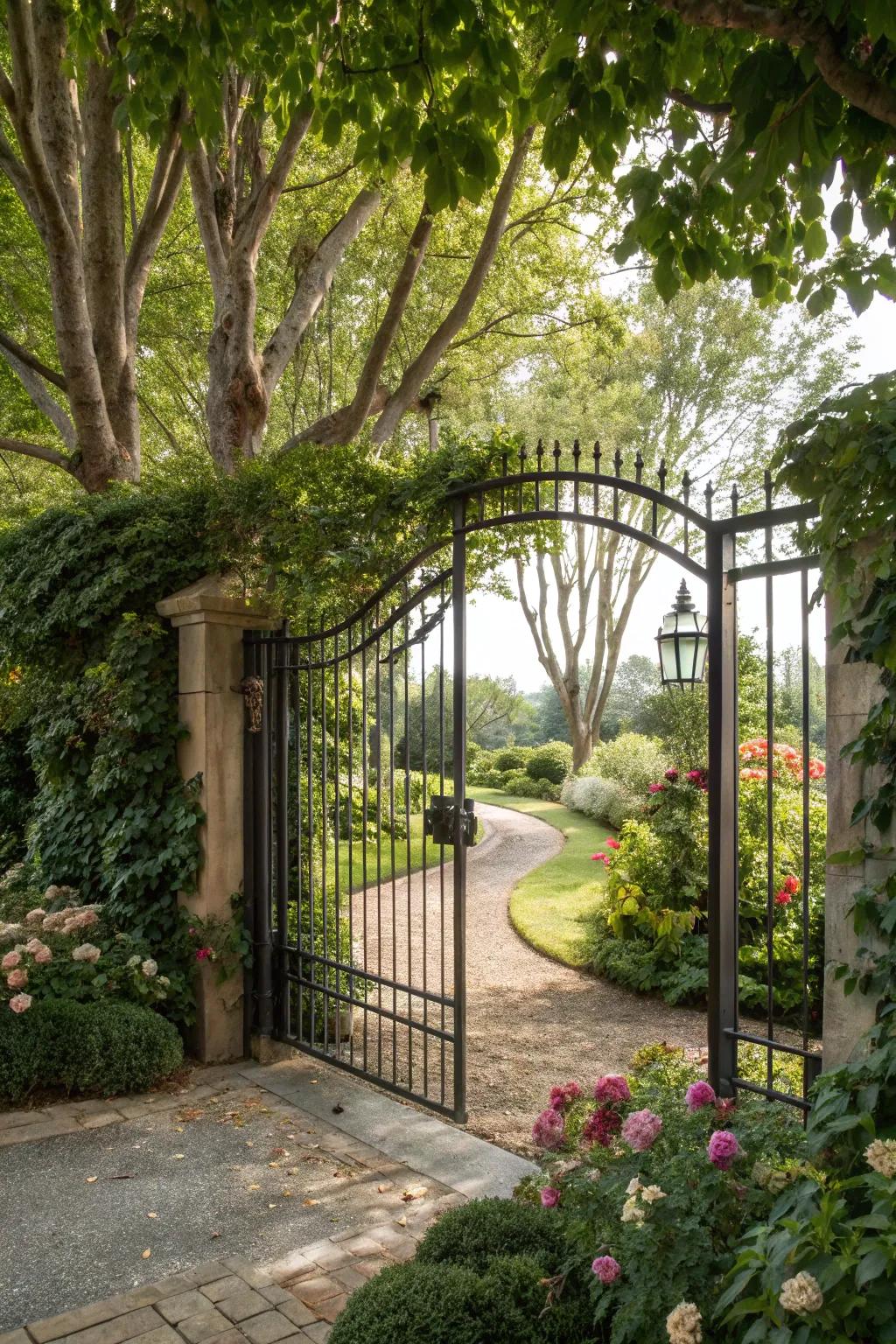 An iron driveway gate that seamlessly blends with its natural surroundings, offering a cohesive look.