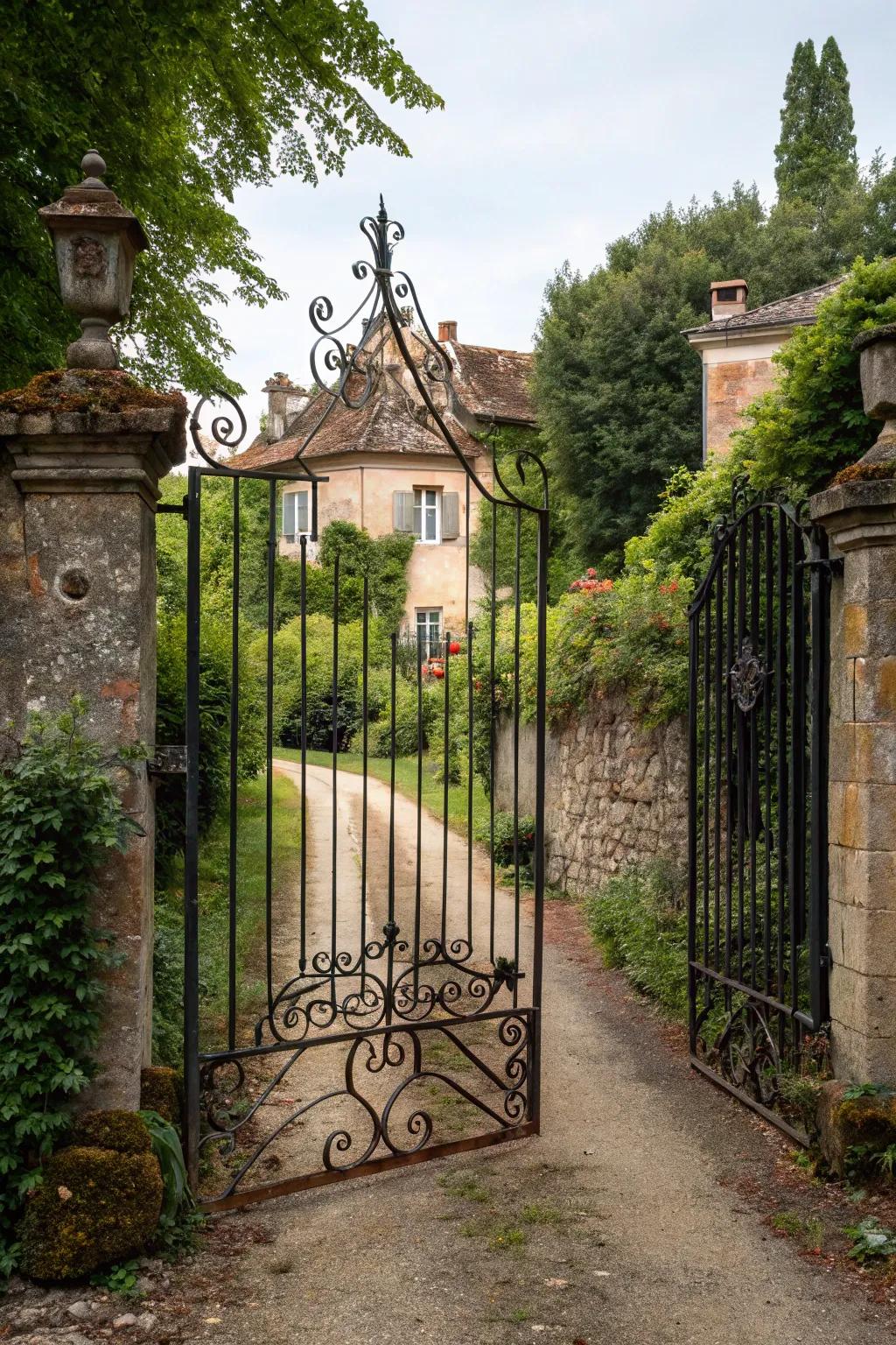 A traditional iron driveway gate with classic motifs, inviting with its timeless charm.