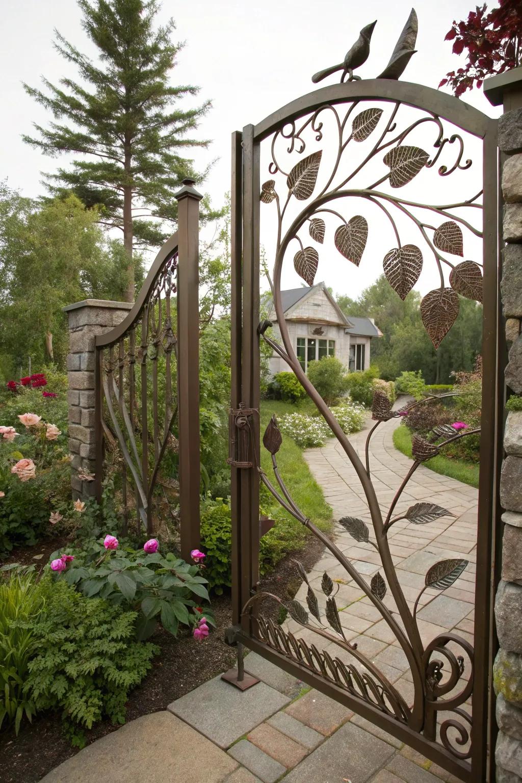 An iron driveway gate adorned with nature-inspired motifs, blending seamlessly into the garden environment.