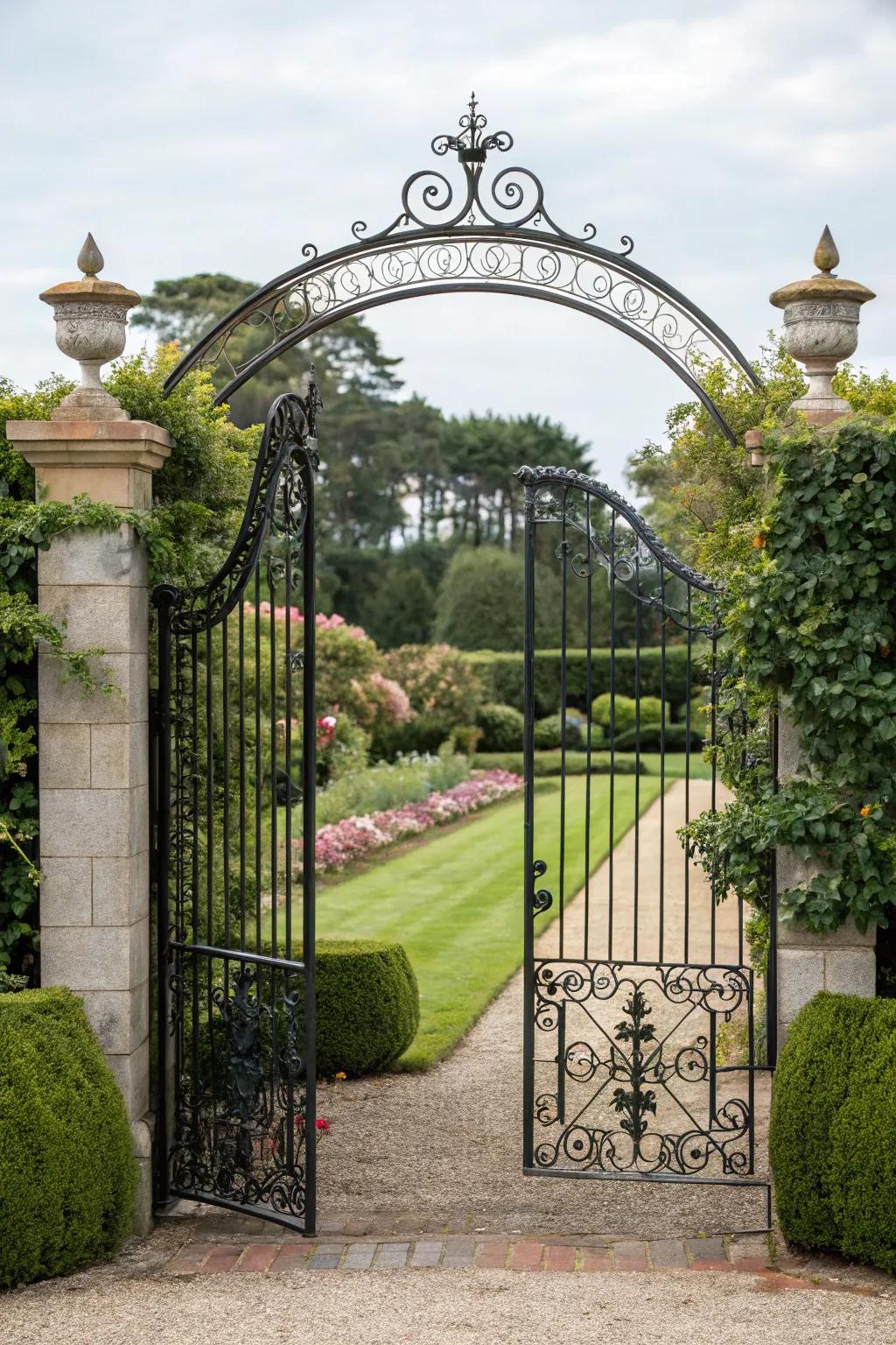 An iron driveway gate with an elegant arch, adding a touch of sophistication to the entrance.