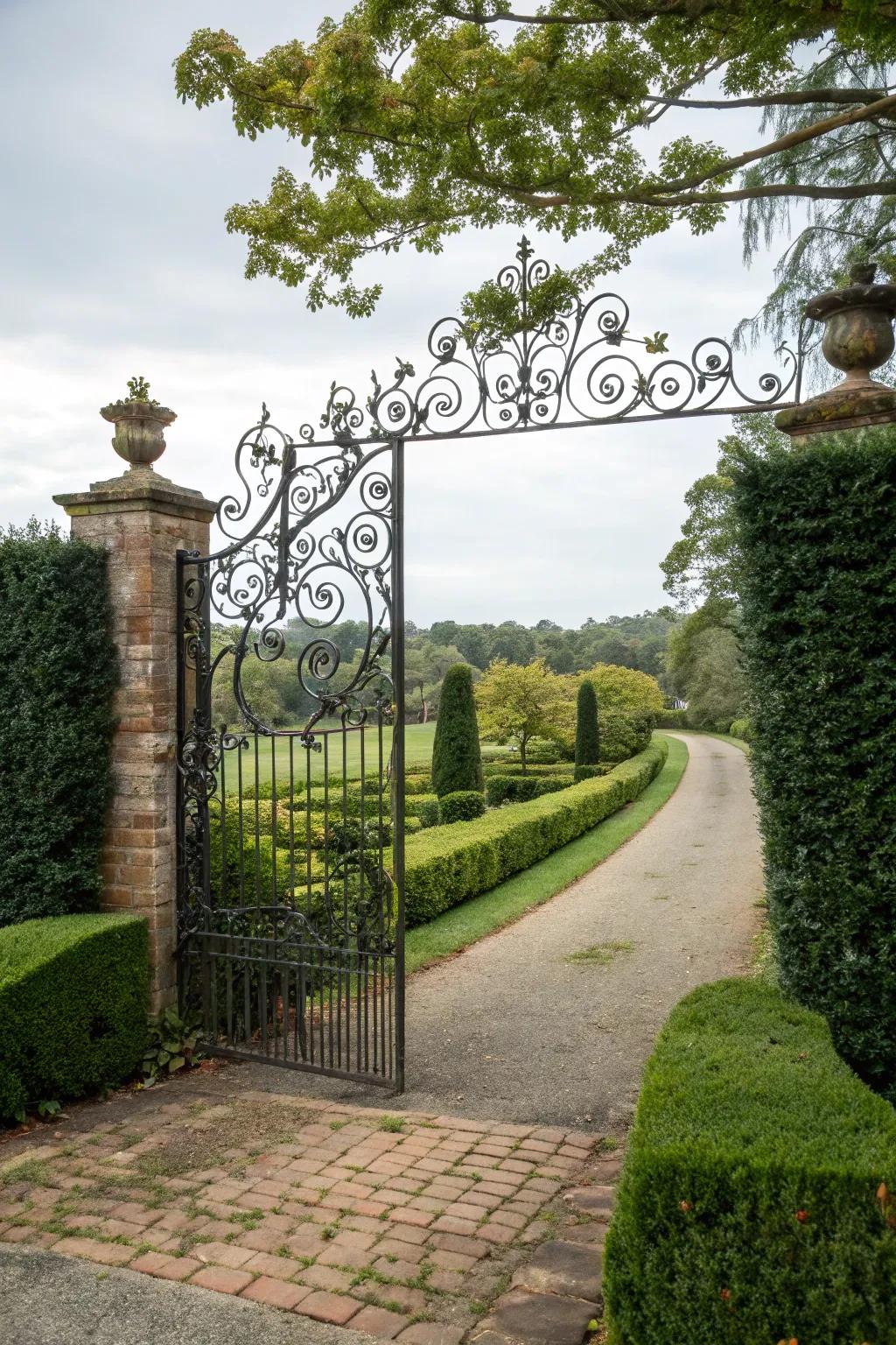 A driveway adorned with an ornate iron gate, displaying intricate scrollwork that adds a touch of grandeur.
