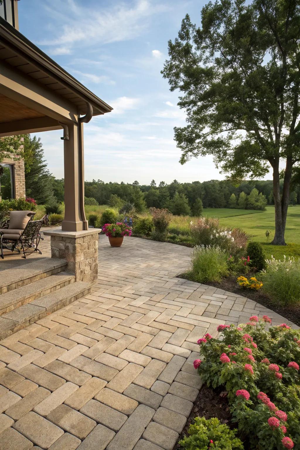 Herringbone pattern with square pavers creates a classic, elegant look.