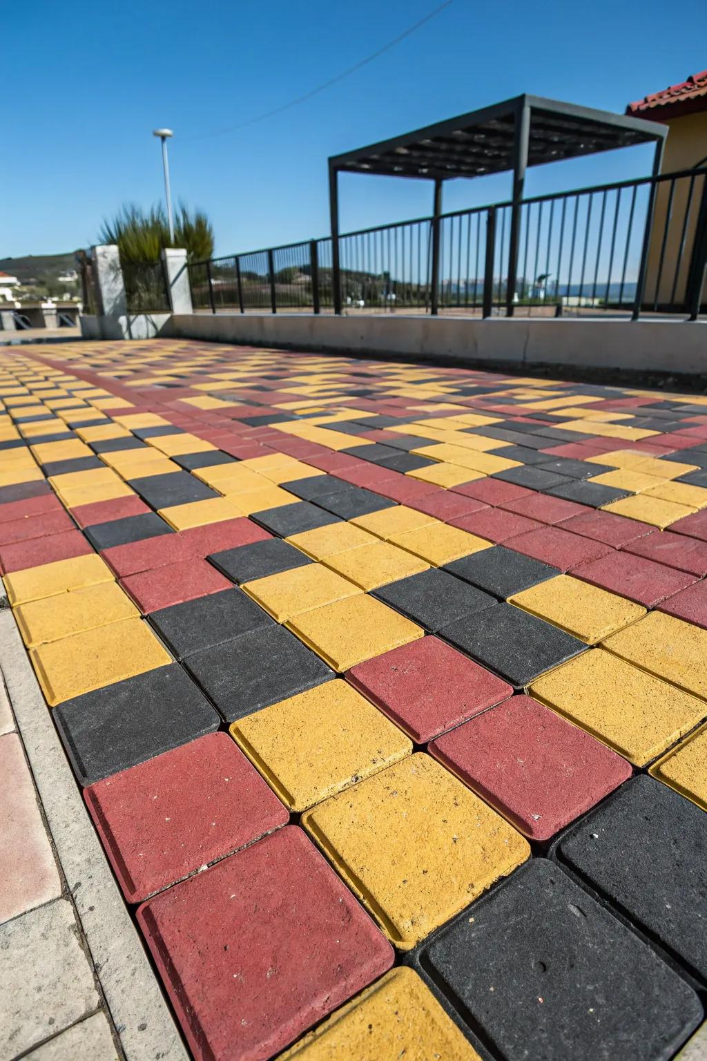 Contrasting colors in paver patterns create visual impact.