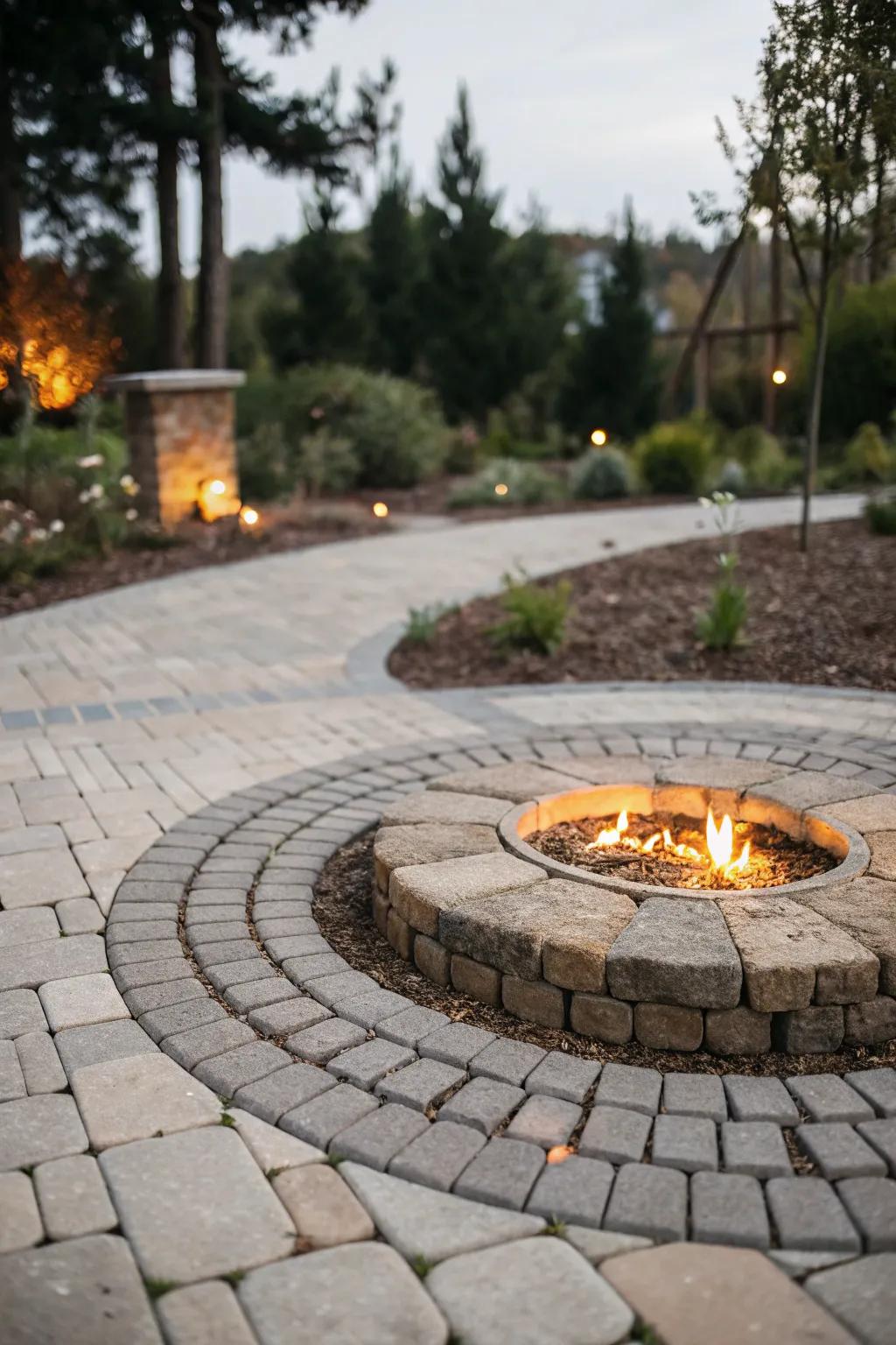Circular paver patterns create inviting focal points.
