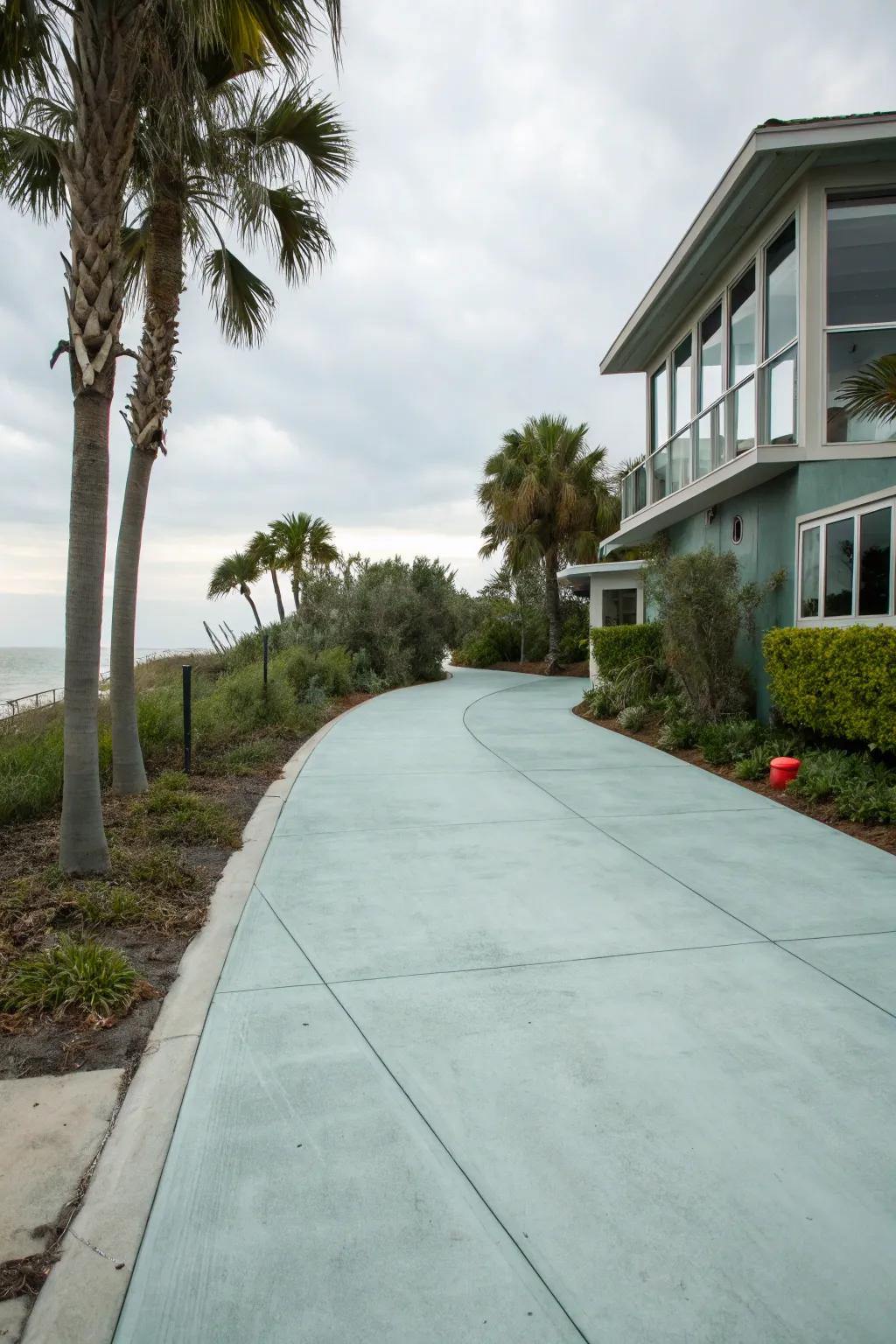 Pale blue gray driveways bring a serene coastal charm.