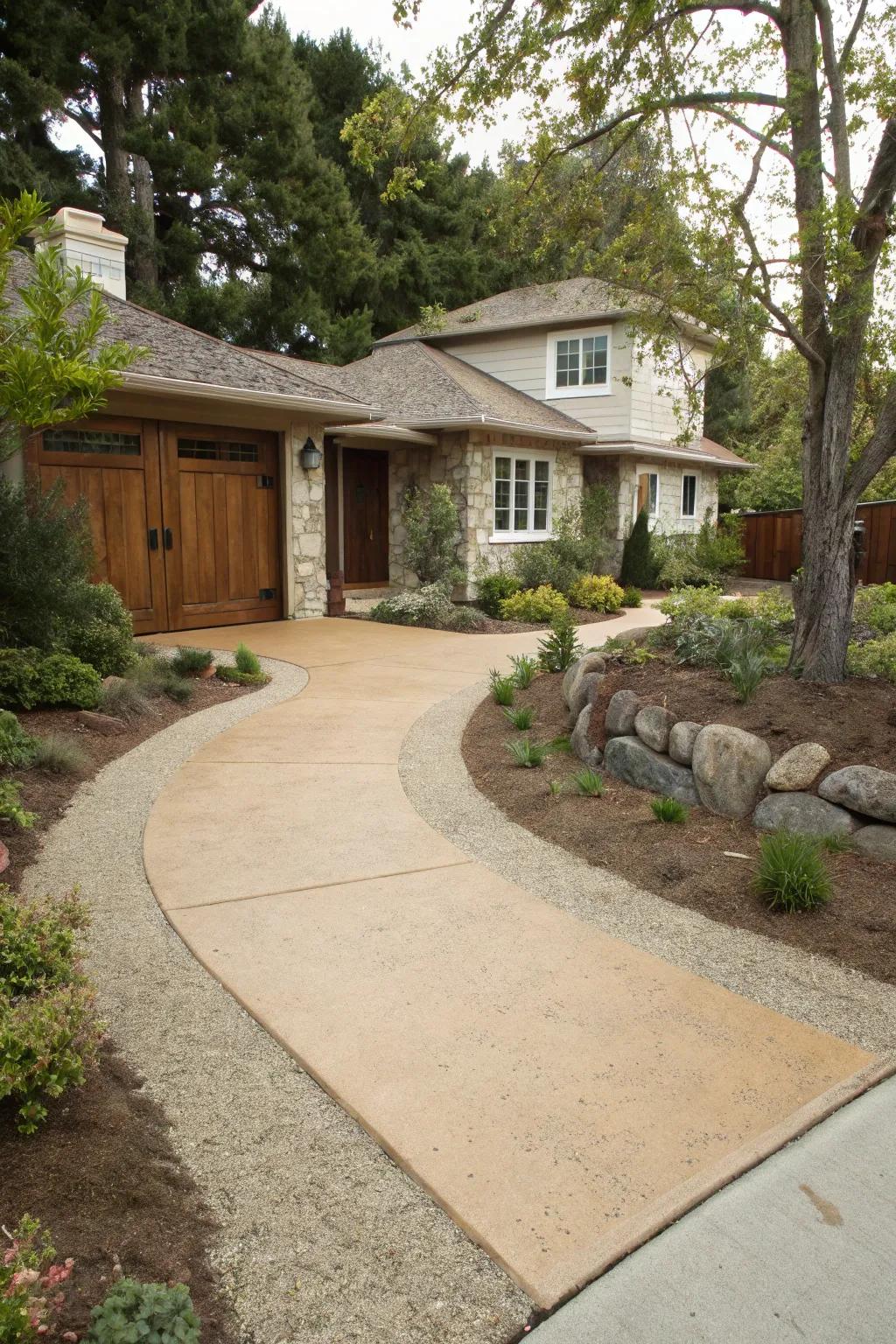 Warm tan driveways create a cozy and inviting entrance.